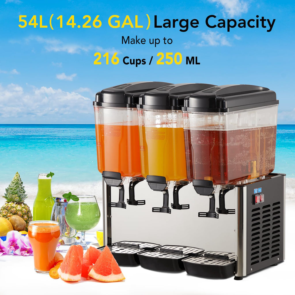 GARVEE 54L (14.4 Gallon) Commercial Juice Dispenser, 3 Tanks 350W, Stainless Steel Beverage Dispenser for Tea, Drink, Restaurant