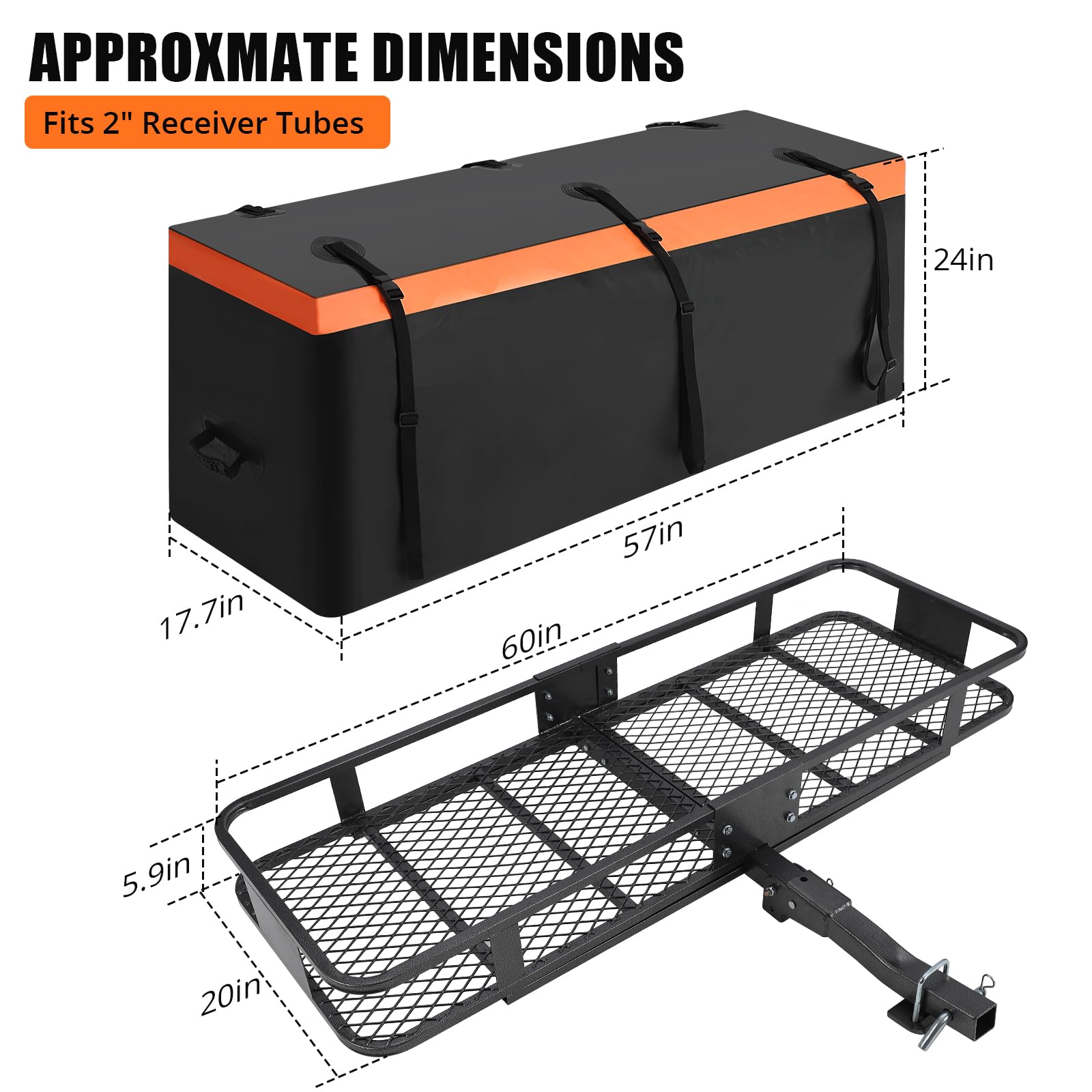 Garvee Hitch Mount Cargo Carrier Basket (60" x 20" x 5.9") – 200 lbs Capacity, Includes 15 Cubic Feet Waterproof Bag, Hitch Stabilizer, Net & Straps, 2-Inch Folding Shank, Steel Construction