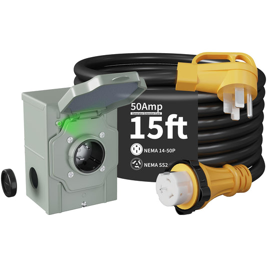 Garvee 50 Amp 15FT Generator Cord and Power Inlet Box Kit, NEMA 14-50P Male to SS2-50R Twist Lock Connector, 125/250V, Heavy-Duty, Weatherproof