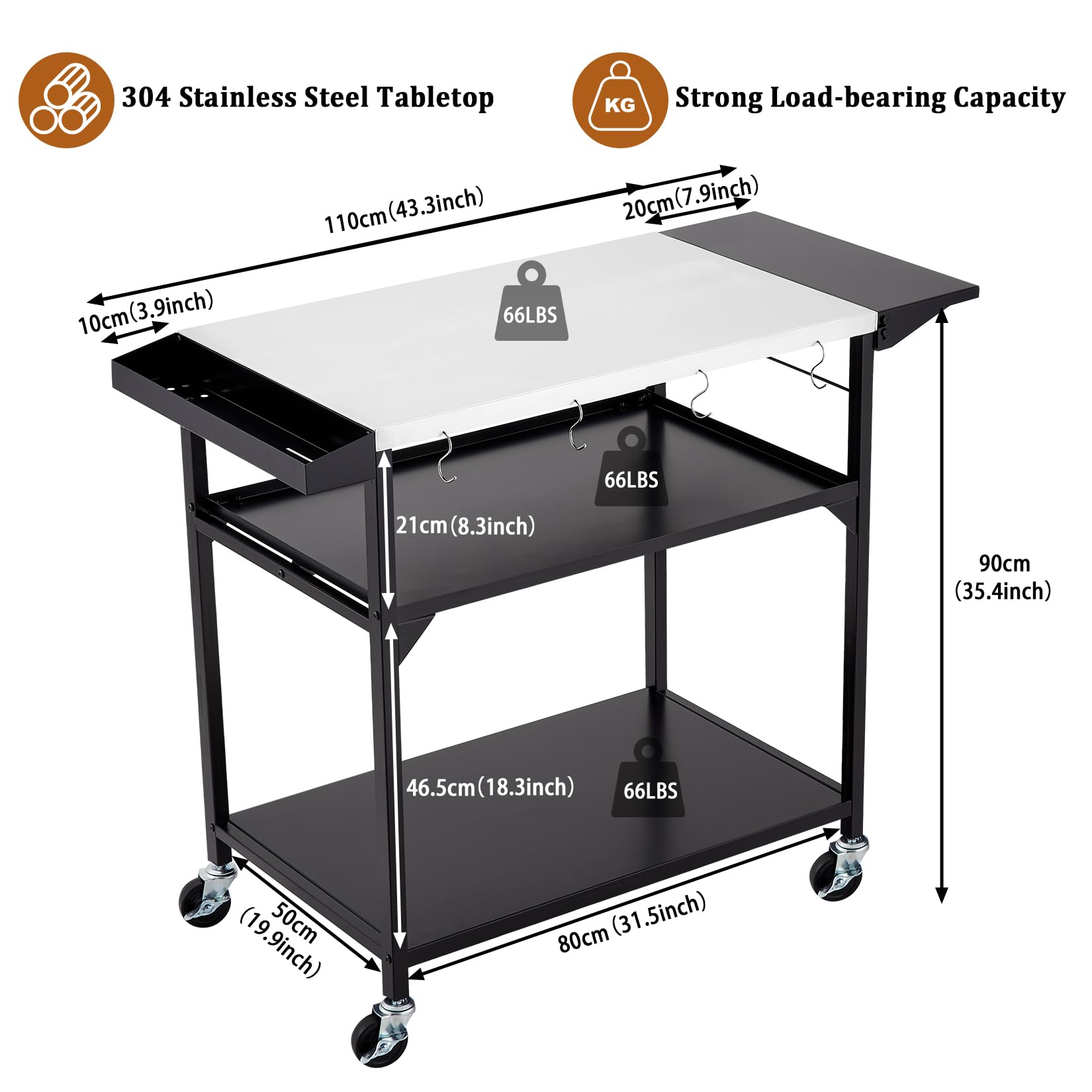 Garvee Outdoor Grill Table Cart with 4 Wheels + Stainless Steel + Movable Prep Table + Multifunctional + Metal Work Table + Side Table + Storage Rack + BBQ, Pizza Oven, Kitchen
