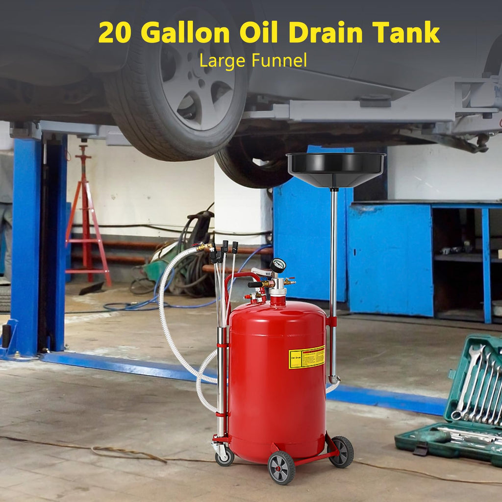 Garvee 20 Gallon Oil Drain Vacuum and Extractor, Pneumatic Oil Drainer, Portable Oil Drain Container with Adjustable Funnel, Steel, Rust-Resistant, Height Adjustable，Upgraded Version Red