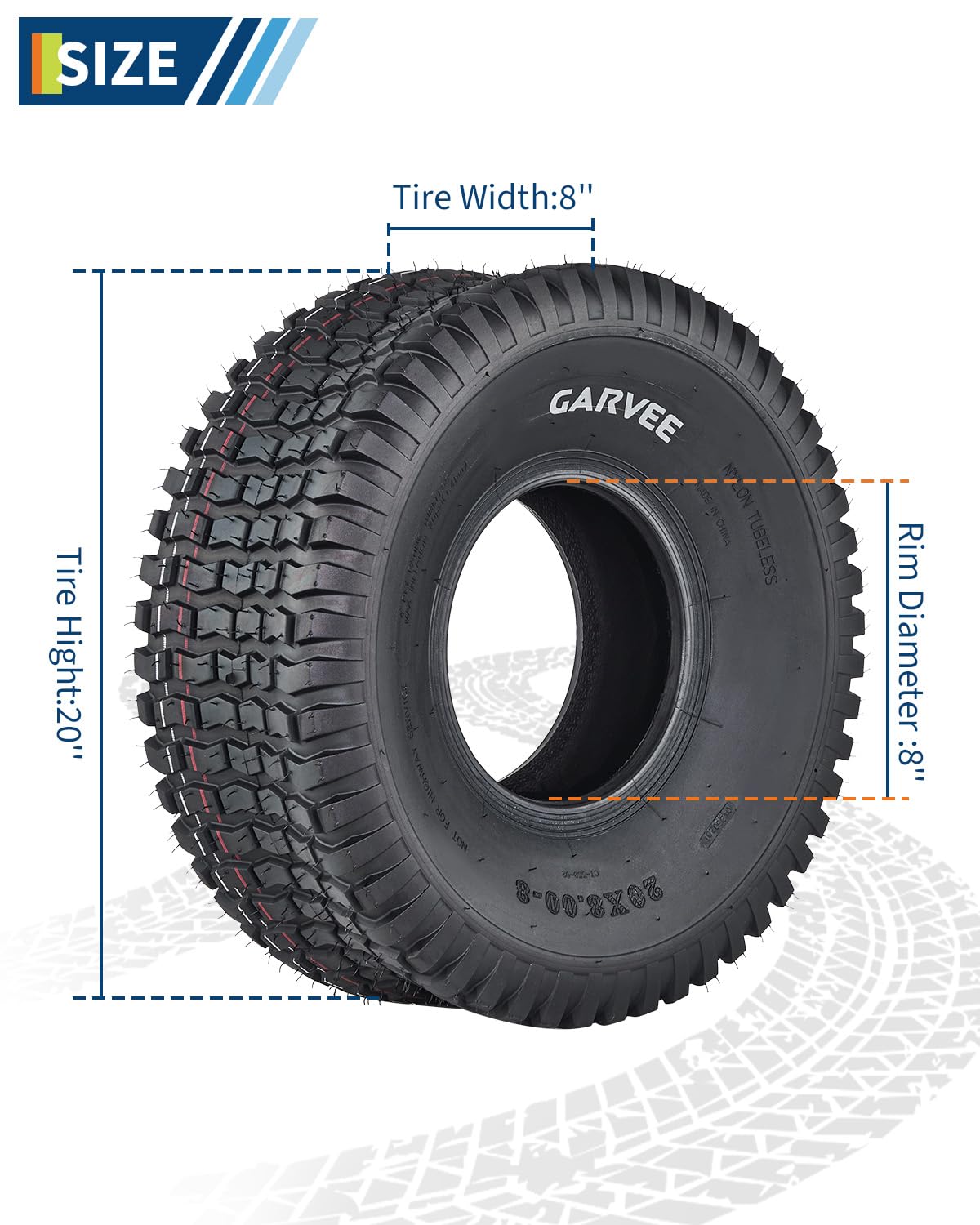 Garvee 2 Pack 20x8.00-8 Lawn Mower Tire V Pattern Tubeless for Lawn & Garden Riding Mower Tractor Golf Cart Utility Vehicles 20x8-8 Black