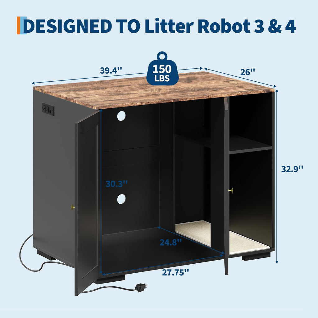 Garvee Cat Litter Enclosure Cabinet for Robot 3/4 XL with Built-in Power Outlet Mat Dog-Proof Shelf Black