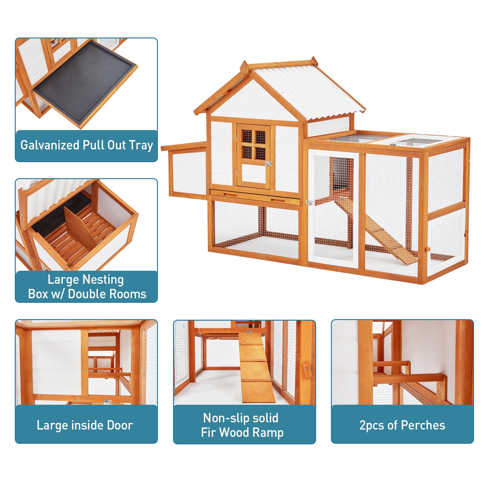 Garvee Outdoor Chicken Coop Wooden Hen House with Run, Poultry Cage w/Ramps, Nesting Box, 4 Access Areas, Wire Fence, Removable Bottom for Easy Cleaning