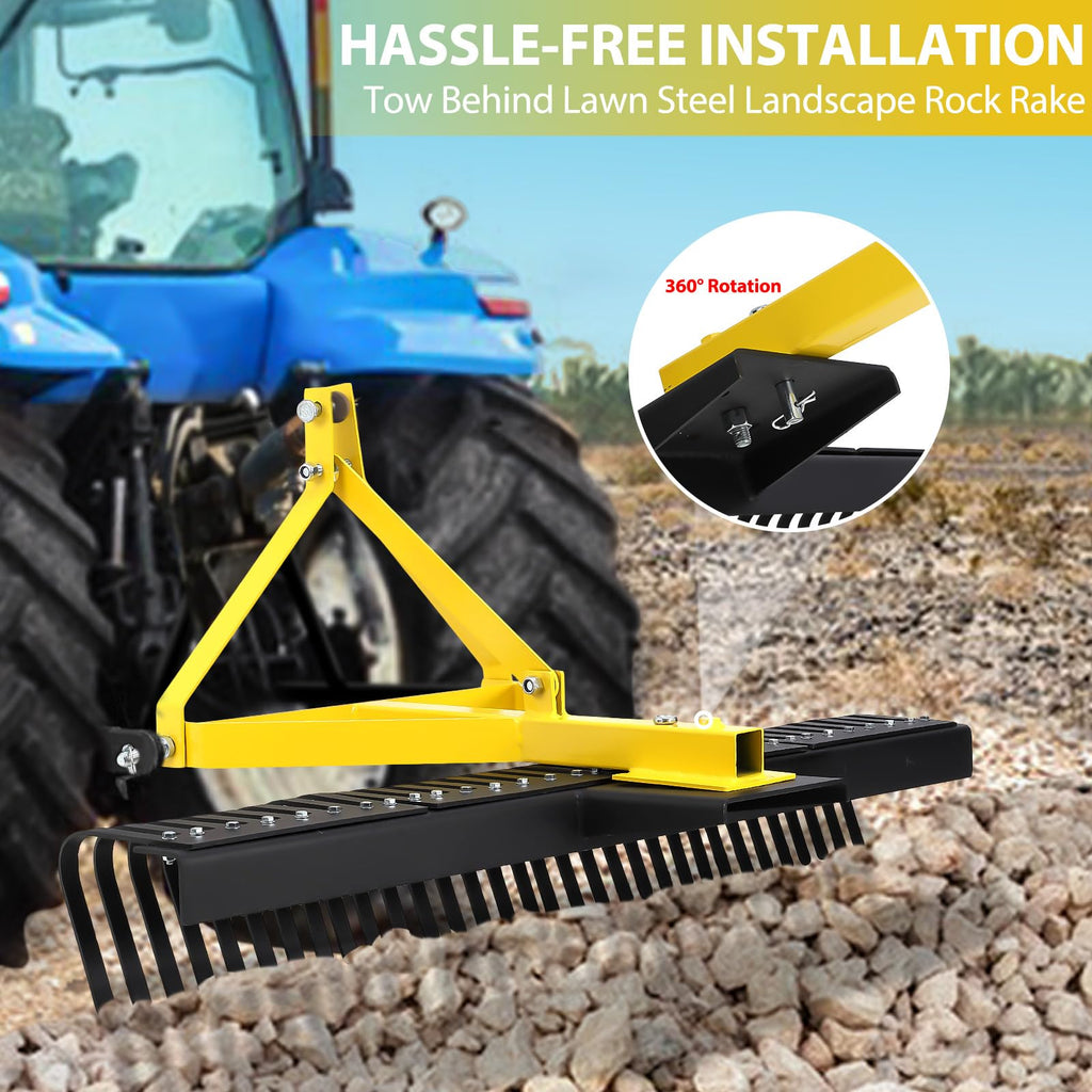 Garvee Heavy Duty 5 FT Landscape Rock Rake Include 3 Point Attach Rake， 360 Degree Rotation Tow-Behind Garden Tool for Compact Tractors, Category 1