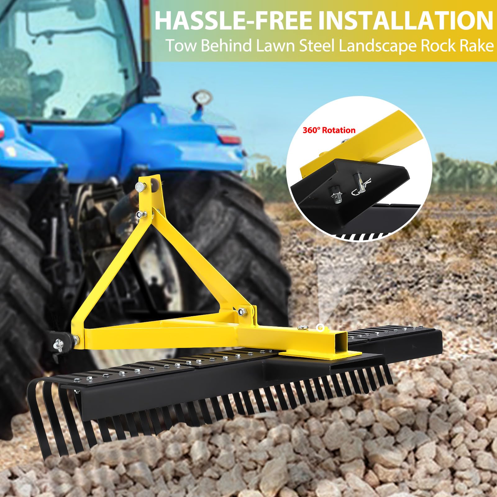 Garvee Heavy Duty 5 FT Landscape Rock Rake Include 3 Point Attach Rake， 360 Degree Rotation Tow-Behind Garden Tool for Compact Tractors, Category 1