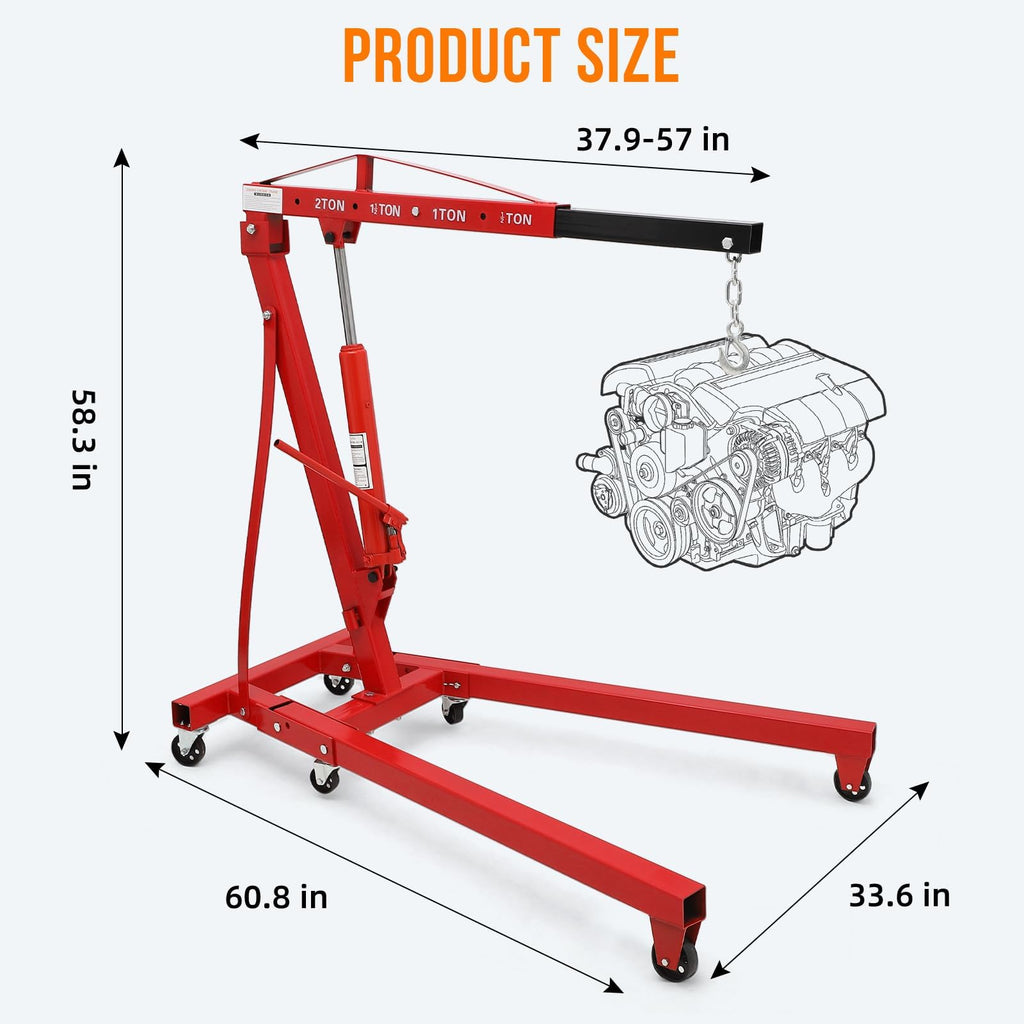 Garvee Cherry Picker Engine Hoist Folding Engine Crane 2 Ton 4400lb Heavy Duty Hydraulic Shop Crane With 6 Casters Telescopic Boom Hitch