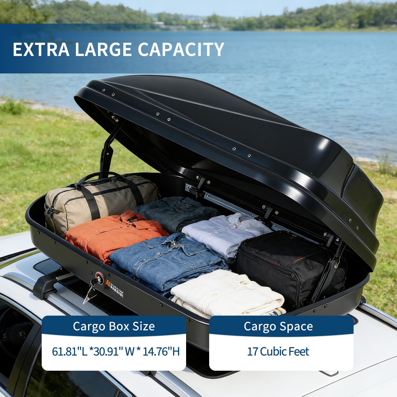 Garvee Rooftop Cargo Box Carrier - 17 Cubic Ft Hardshell Cargo Carrier with Dual-Side Opening, Universal Fit for Cars & SUVs, 165 lbs Capacity, Includes Secure Straps & Keys