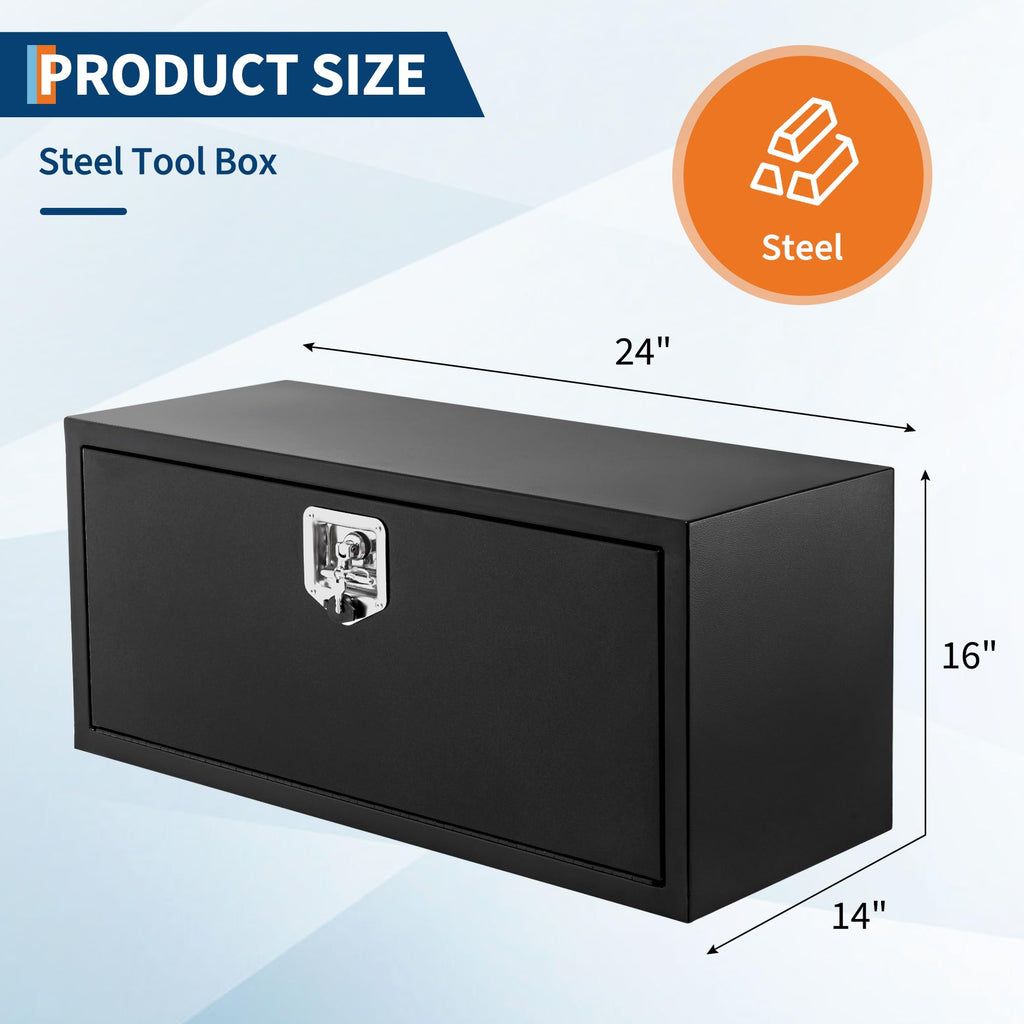 Garvee 24"x14"x16" Steel Underbody Truck Tool Box with T-Handle Lock Heavy Duty Storage Organizer for Pickup Truck Bed RV Trailer, Black