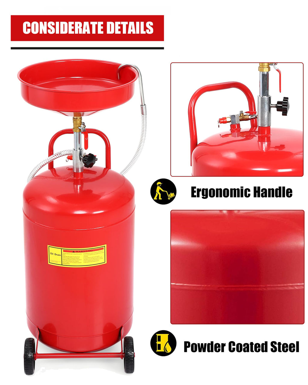 Garvee 18 Gallon Portable Oil Drain Tank, Air Operated & Adjustable Funnel Height with Wheel for Cars Trucks Suvs, Red