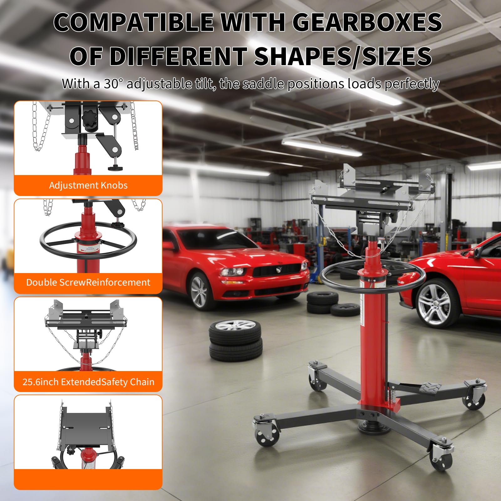 Garvee 1320lbs Transmission Jack - Heavy-Duty Hydraulic Telescoping High Lift Jack with Dual Spring-Loaded Pedals, 34"-68" Lifting Range for Auto Repair and Maintenance, Red