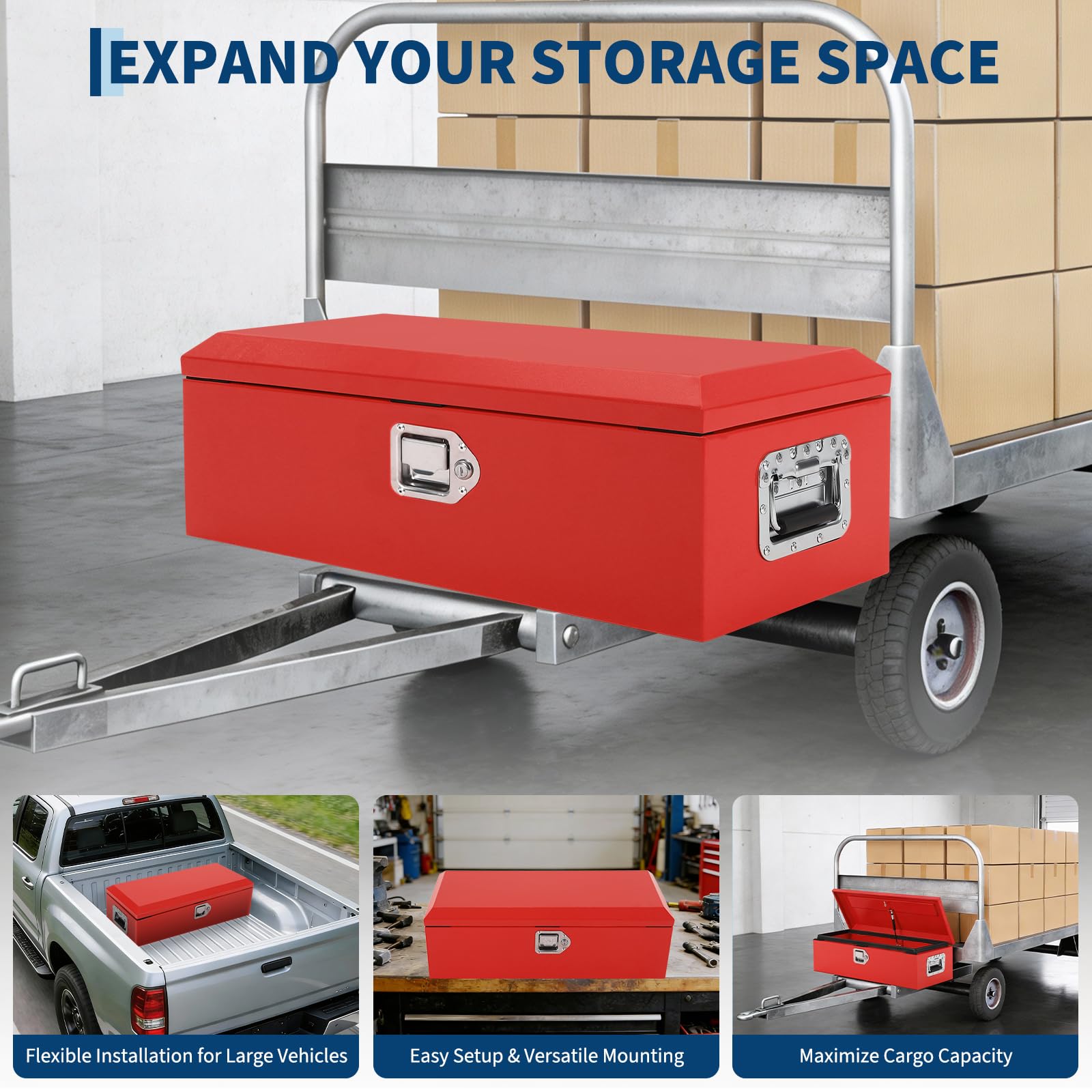 Garvee 39"x13"x9.6" Truck Bed Tool Box, Heavy-Duty Steel Metal Storage Box with Orange Peel Finish for Pickup, RV, and Trailer, Red