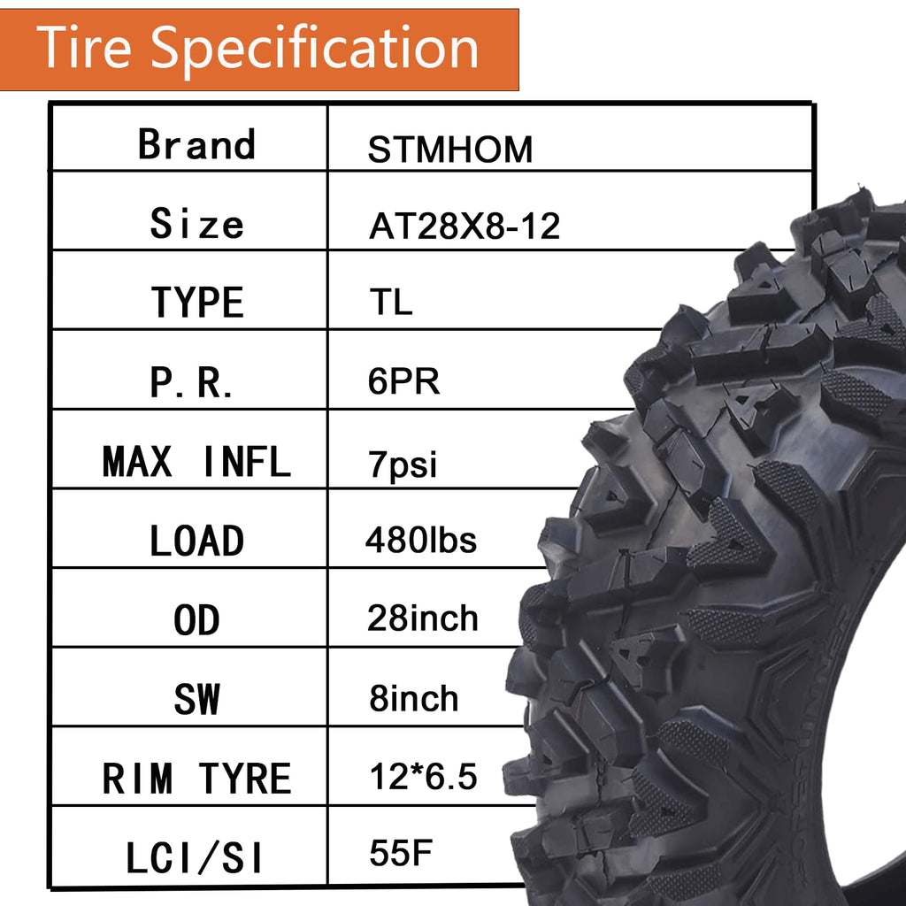 Garvee 28x8-12 ATV Tires All Terrain Tubeless 6 PR Off-Road Trail Sand Mud 28x8x12 Black