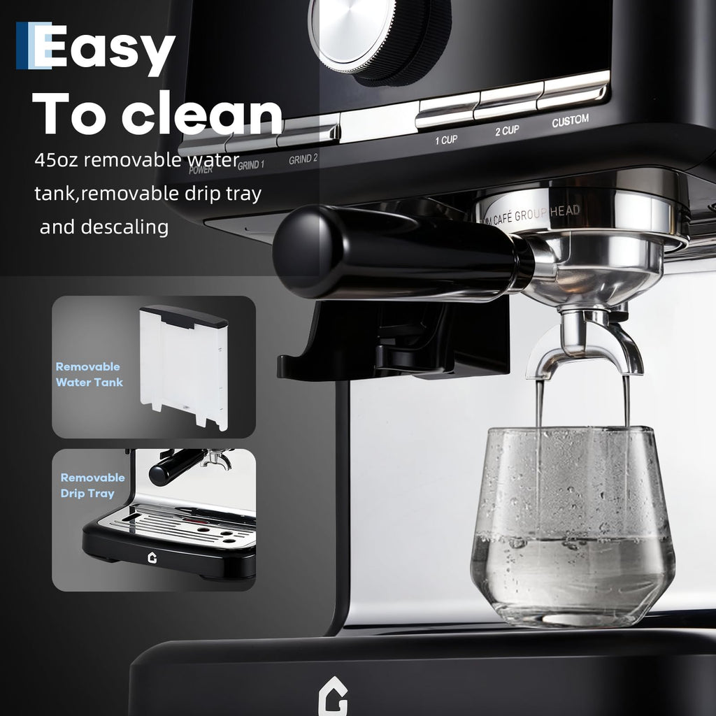 Garvee 20 Bar Pressure Espresso Machine with Grinder, Milk Frother for Home/Office, 1.5L Removable Tank, Adjustable Shot Volume, Silver
