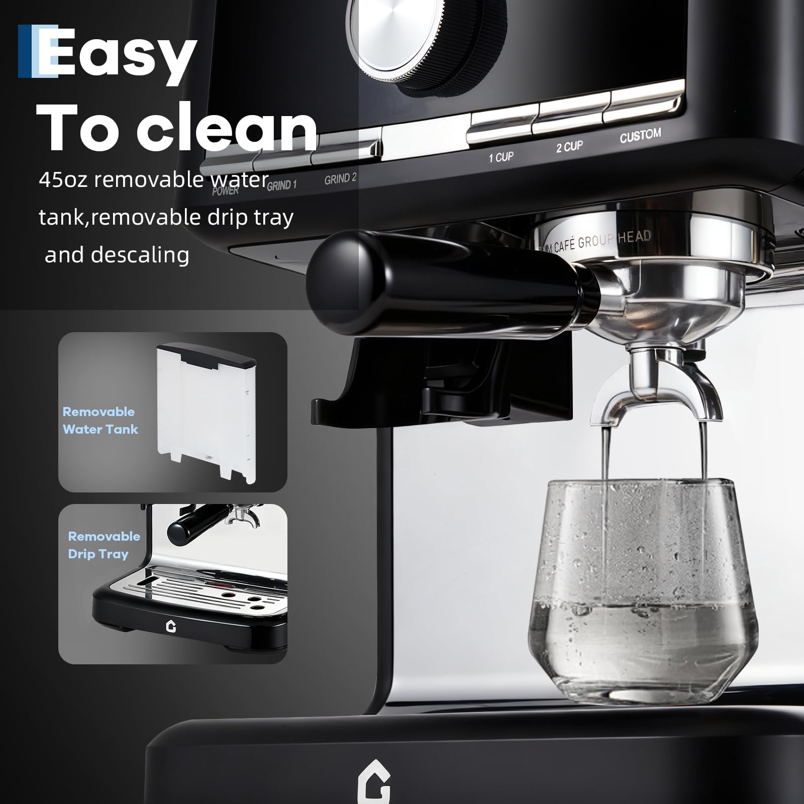 Garvee 20 Bar Pressure Espresso Machine with Grinder, Milk Frother for Home/Office, 1.5L Removable Tank, Adjustable Shot Volume, Silver