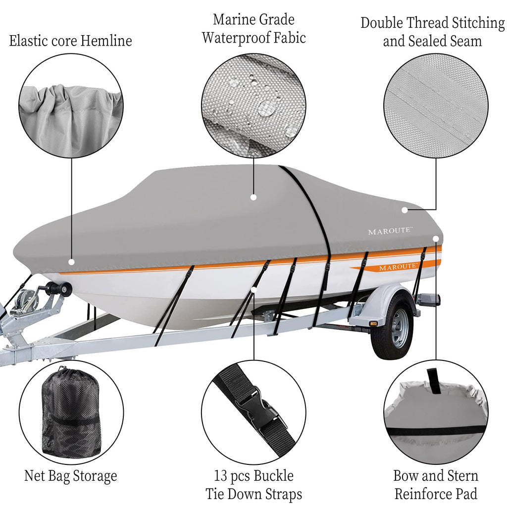 Garvee Boat Cover, 600D Waterproof Trailerable Marine Grade Polyster Canvas Fits V-Hull, Tri-Hull Fishing Boat, Runabout, SKi Boat, Bass Boat - Gray / Length 20ft-22ft