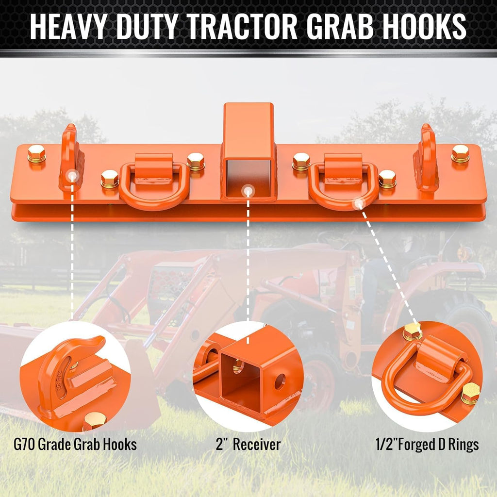 Garvee Mountable Retaining Hooks with D-Rings and 2-Inch Receiver for Compact Tractor, Durable Steel, Orange Finish