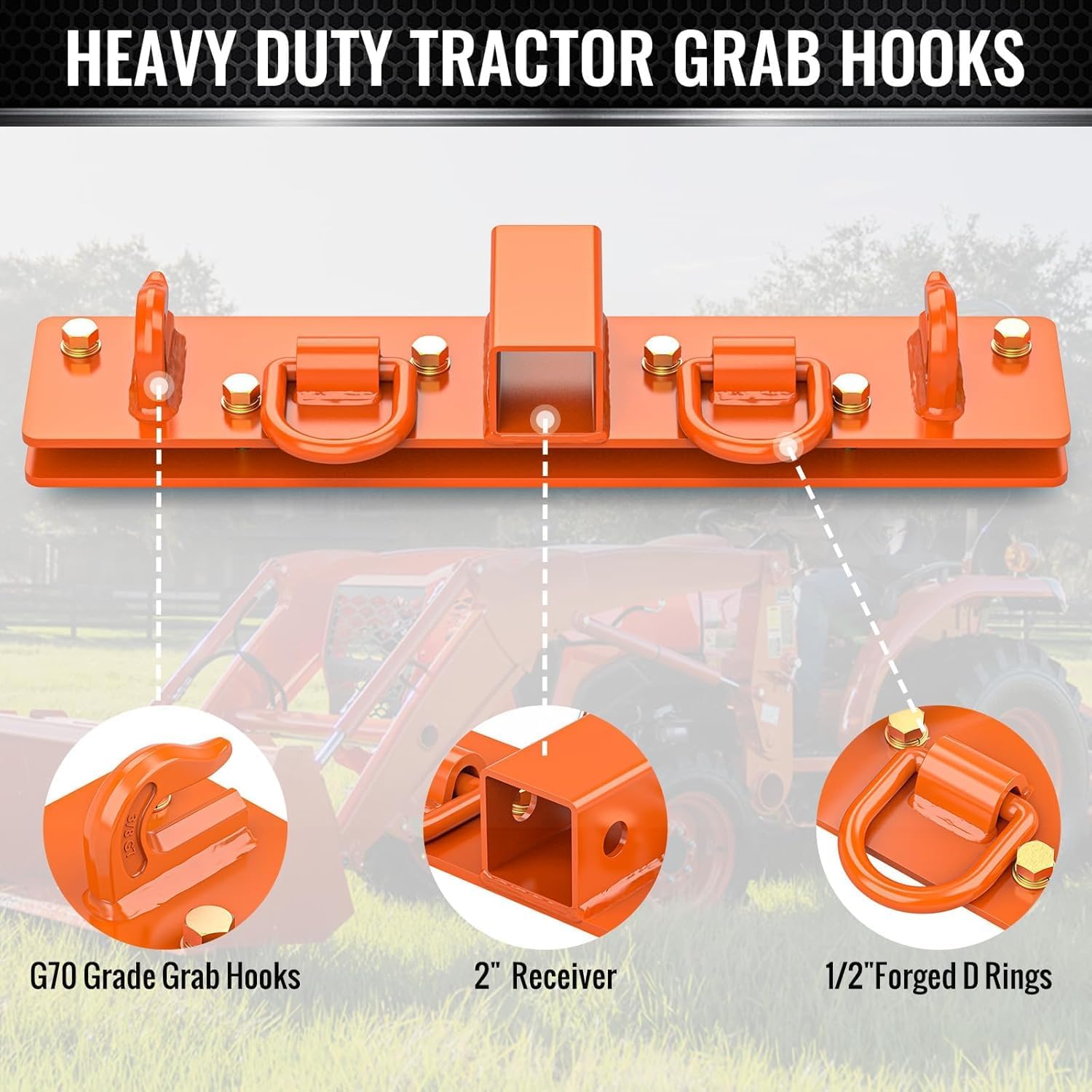 Garvee Mountable Retaining Hooks with D-Rings and 2-Inch Receiver for Compact Tractor, Durable Steel, Orange Finish