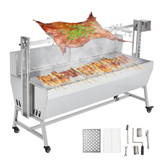 Garvee Stainless Steel Rotisserie Grill with Wind Screen, 62in 200LB Capacity Electric BBQ Pig Lamb Rotisserie Roaster with 50W Motor, Charcoal Spit Roaster Grill for Outdoor Kitchen, Camping