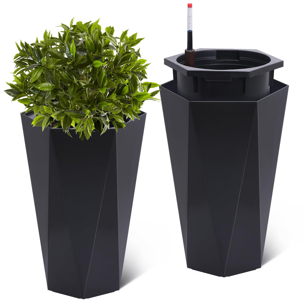 Garvee 23" Tall Planters Set of 2, Outdoor＆Indoor Planter Pots, High Front Porch Planter Pots with Drainage Holes＆Water Level Monitor＆Inner Bucket, Automatic Watering, Convenience Instill, Black