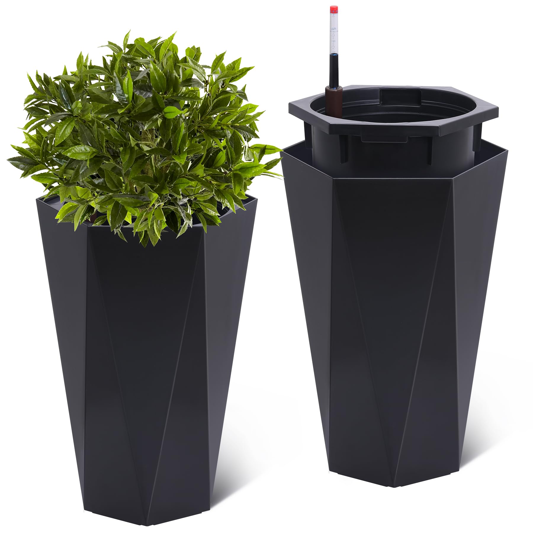 Garvee 23" Tall Planters Set of 2, Outdoor＆Indoor Planter Pots, High Front Porch Planter Pots with Drainage Holes＆Water Level Monitor＆Inner Bucket, Automatic Watering, Convenience Instill, Black