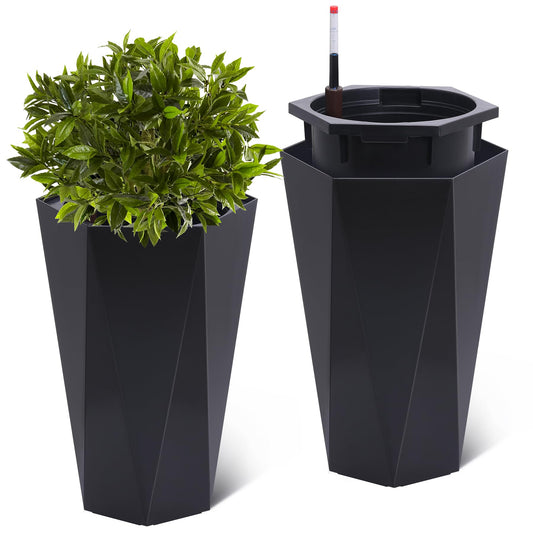 Garvee 23" Tall Planters Set of 2, Outdoor＆Indoor Planter Pots, High Front Porch Planter Pots with Drainage Holes＆Water Level Monitor＆Inner Bucket, Automatic Watering, Convenience Instill, Black