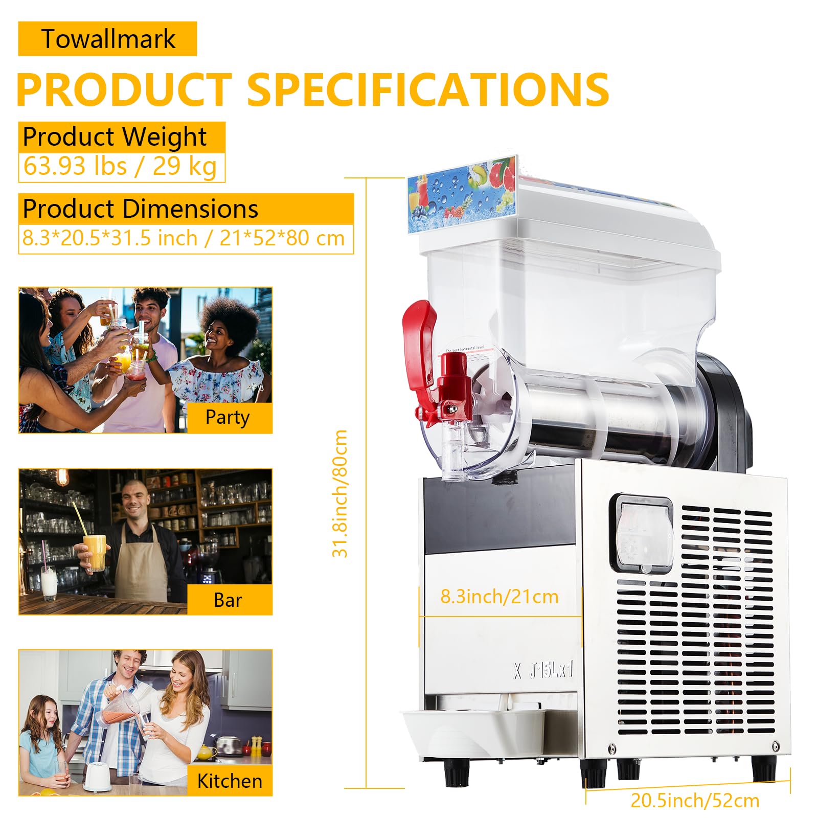 Garvee 15L/3.96 Gals Commercial Slushy Machine Margarita Machine 400W Frozen Drink Machine Food-Grade PC Tanks for Restaurants Bars Pool Parties