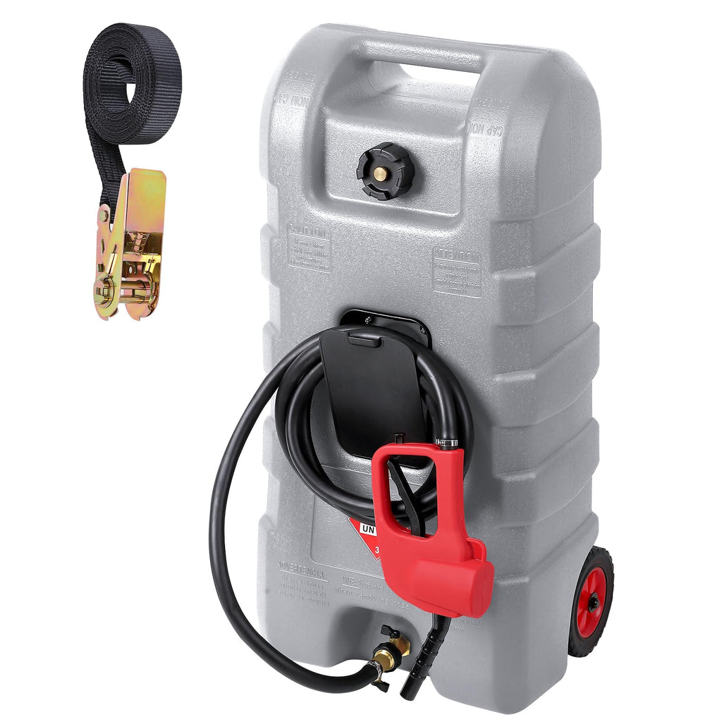 Garvee Fuel Caddy, 15 Gallon Portable Gas Fuel Tank Container with LE Fluid Transfer Siphon Pump and 10ft. Delivery Hose, Diesel Storage Can On-Wheels for Cars, Lawn Mowers, ATVs, Boats, Gray