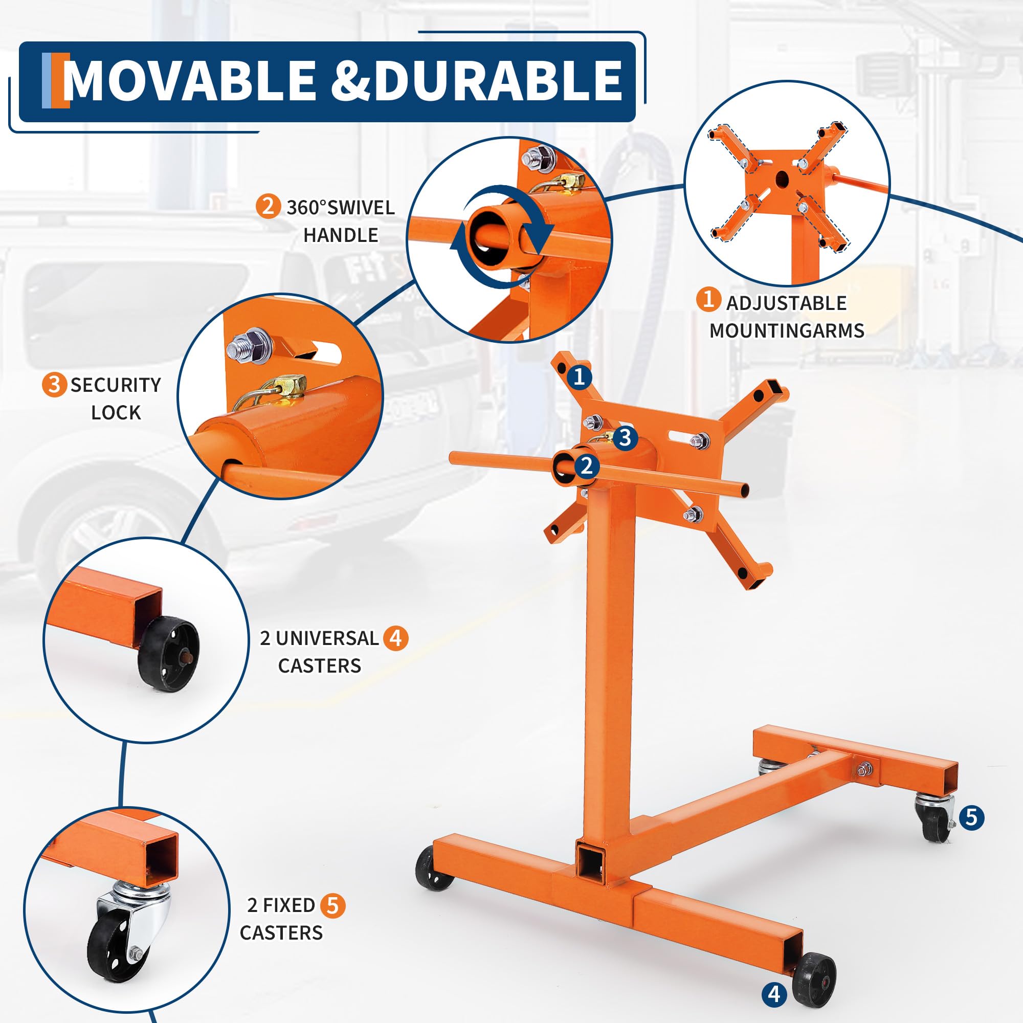 Garvee Engine Stand 750 LBS Rotating Folding Steel 4 Caster Base 4 Adjustable Arms 33.5x29.5x35.4 Inch for Auto Repair Garage, Orange