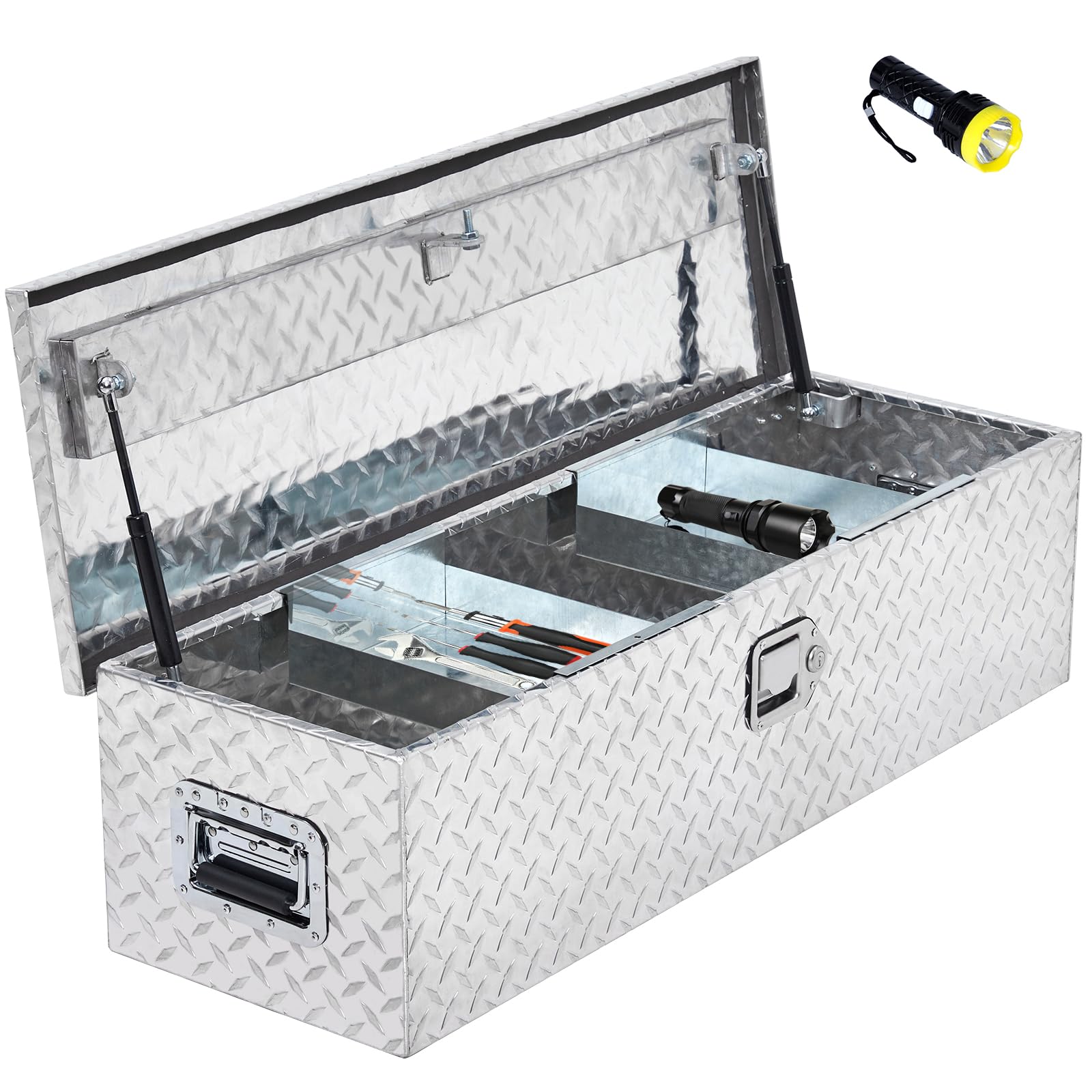 Garvee 48 Inch Heavy Duty Aluminum Truck Bed Tool Box, Diamond Plate Toolbox with Side Handle, Lock & Keys, for Pickup Truck, RV, Trailer, No Sliding Shelf