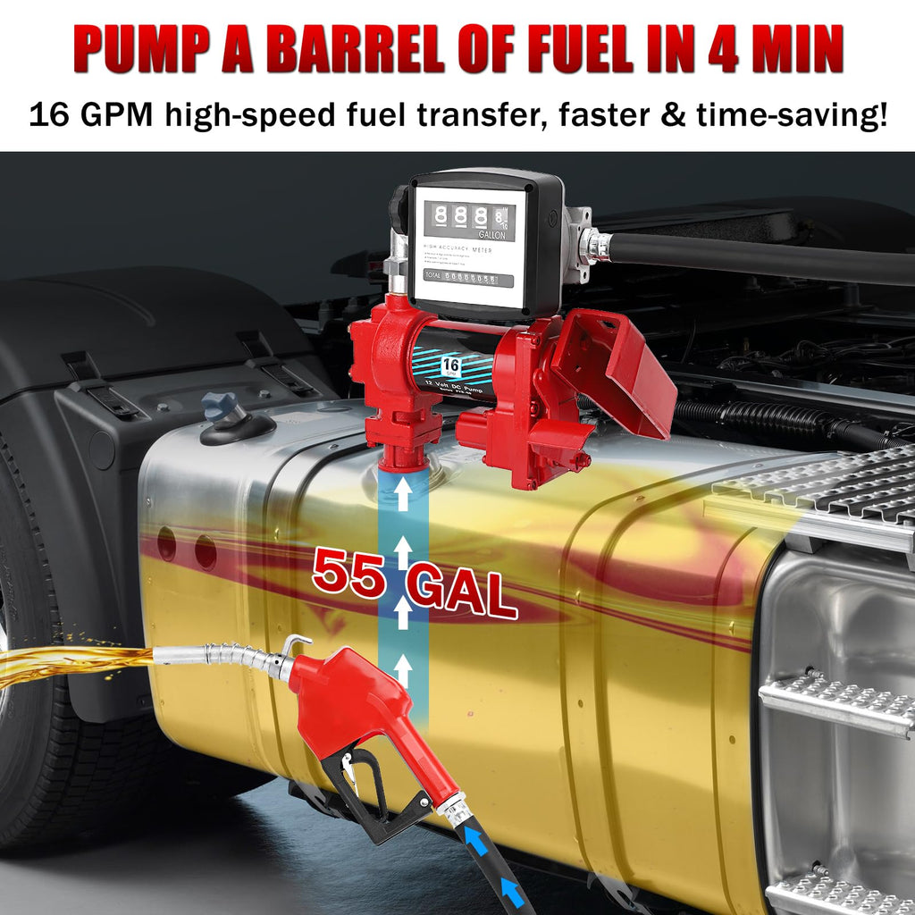 Garvee Fuel Transfer Pump 16 GPM 1/4 HP, with Digital Meter, Diesel Transfer Pump with Automatic Nozzles, Gasoline Transfer Pump with Emission & Suction Hoses for Gasoline, Diesel, Kerosene