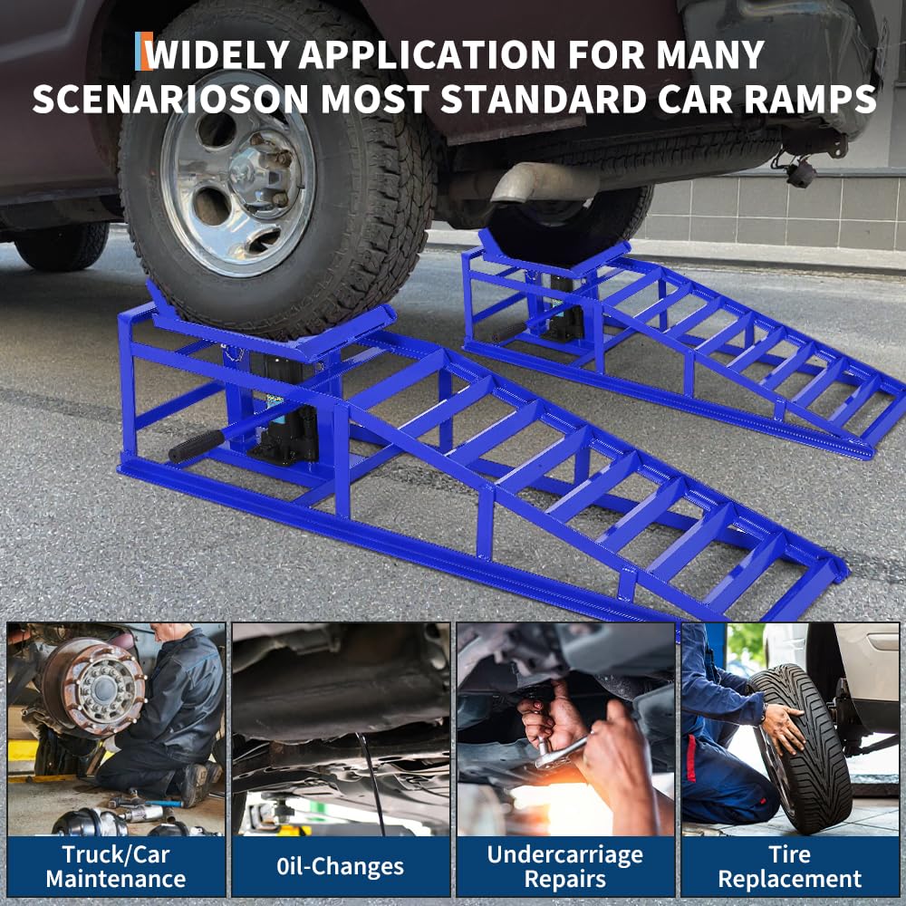 Garvee 2Pcs 5 Ton Hydraulic Car and Truck Service Ramps - 11023 lbs Capacity, Portable Lifts for Oil Changes with Adjustable Height from 9.8" to 15", Ideal for Home Garage and Vehicle Repairs, Blue