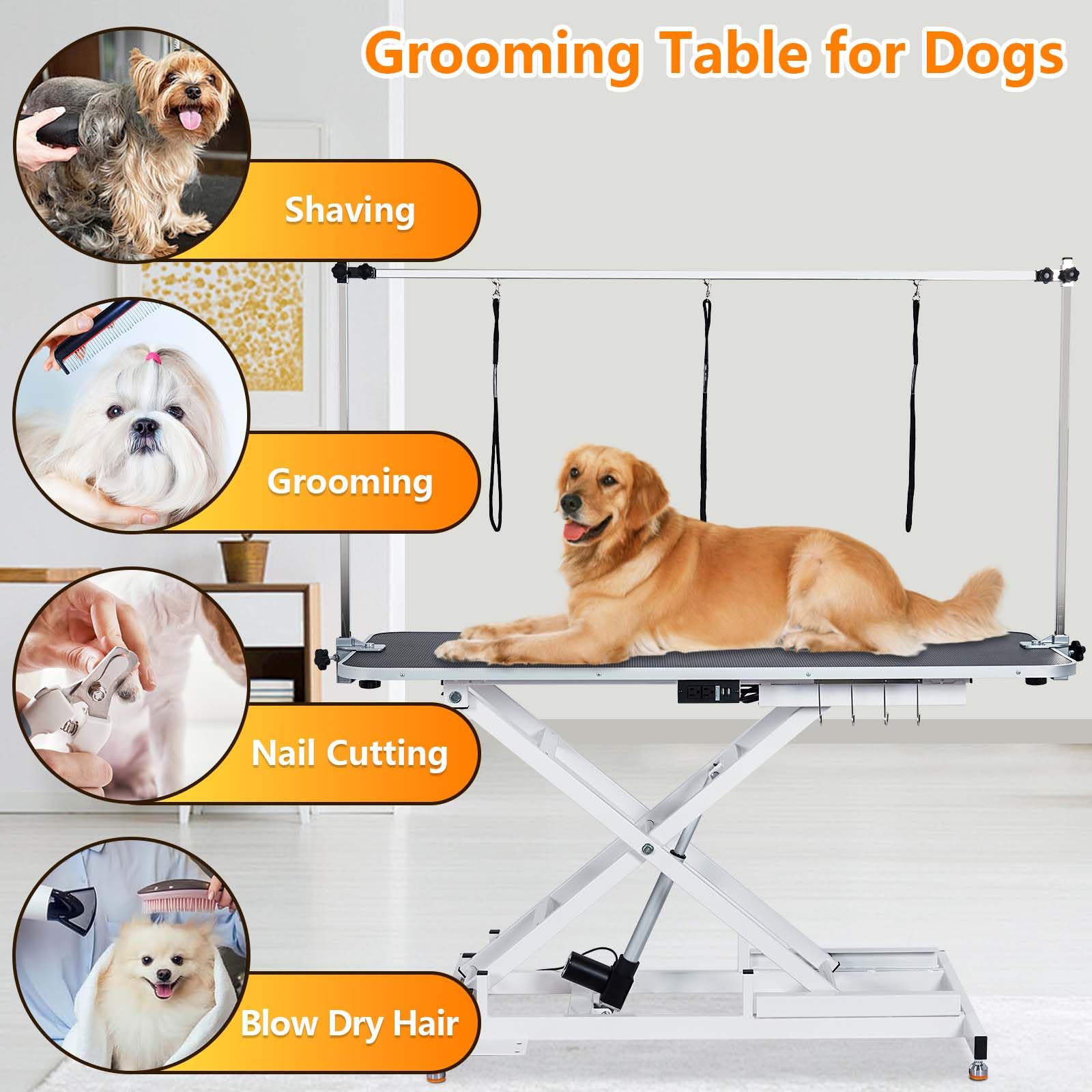 Garvee 60'' Dog Grooming Table for Large/Small Dogs + Electric Adjustable Height + Max Capacity 340Lb + Stainless Steel + Non-slip Design + Remote Lifting + Home Use