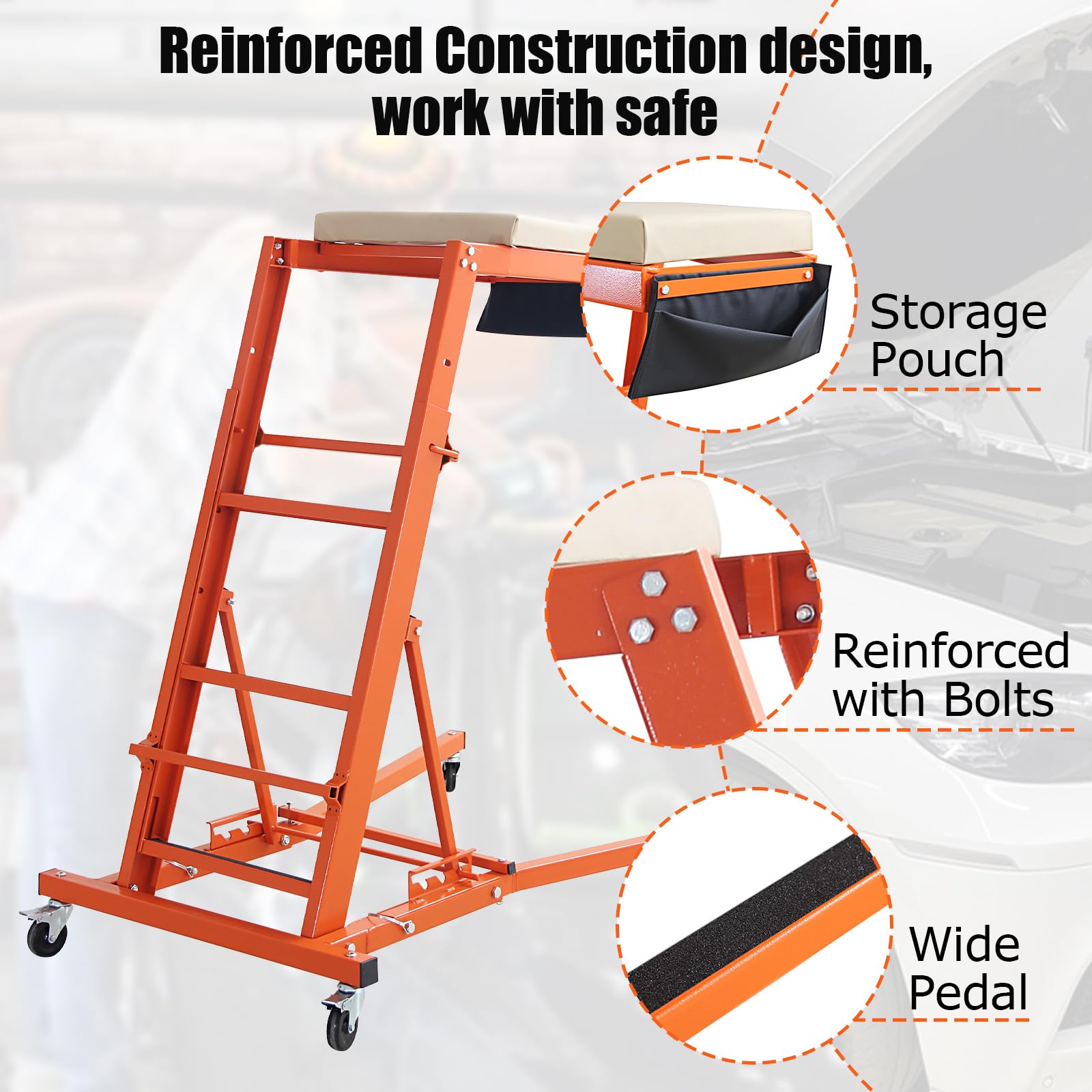 Garvee Automotive Top Creeper, 48"- 66" Adjustable Height, 3 Types of Angle Adjustable Top Automotive Creeper, 400 LBS Capacity Engine Creeper for Home Garage, Workshop Repair Maintenance, Orange