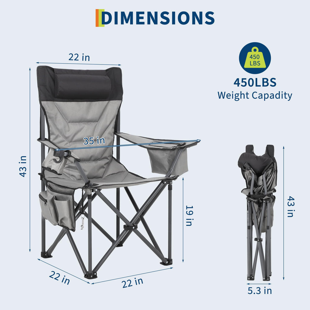 Garvee Heavy Duty Oversized Camping Chair With Cooler Pouch, Quad Lumbar Support, Cup Holder For Adults, 400 LB Capacity, Folding Outdoor Chair