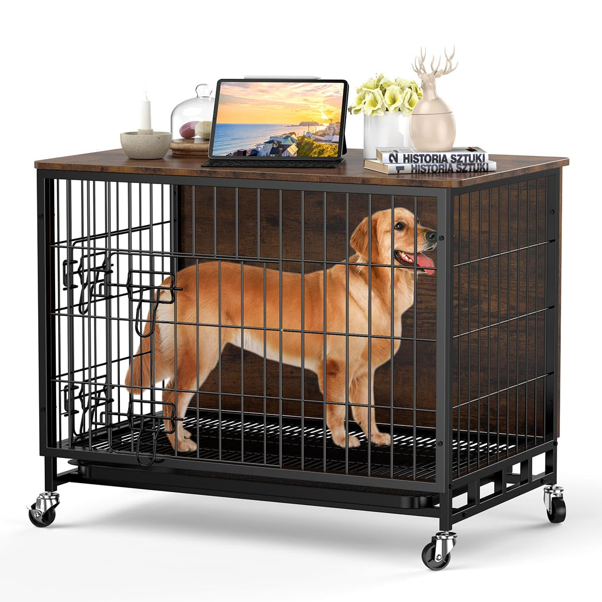 Garvee Dog Crate Furniture, Double Doors Wooden Dog Kennel Cage, 32.5" Indoor Dog Crate with Pull-Out Tray & Removable Wheels, Decorative End Table Pet House Chew-Resistant for Medium Dog, Brown