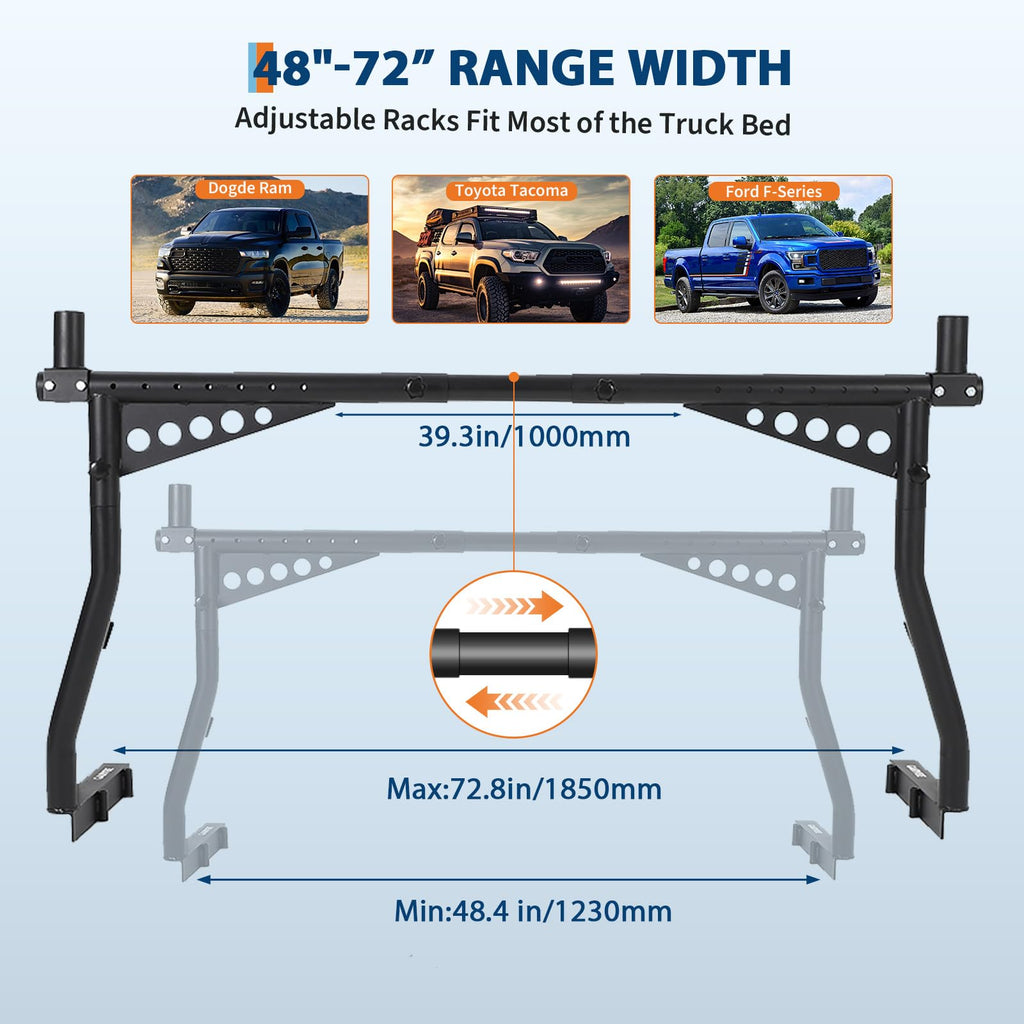 Garvee 48-72 Inch Extendable Truck Ladder Rack Adjustable Steel Bed Rack Heavy Duty No-Drill Utility System for Pickup Trucks Black