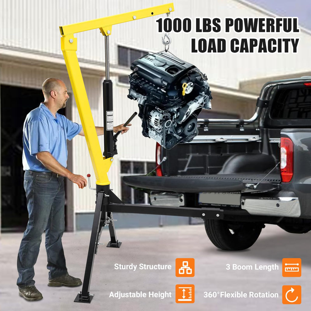 Garvee Hydraulic Hitch-Mount Truck Crane - 1000lb Capacity with Adjustable Arm Length and Boom Height, Heavy-Duty Steel Construction, Yellow