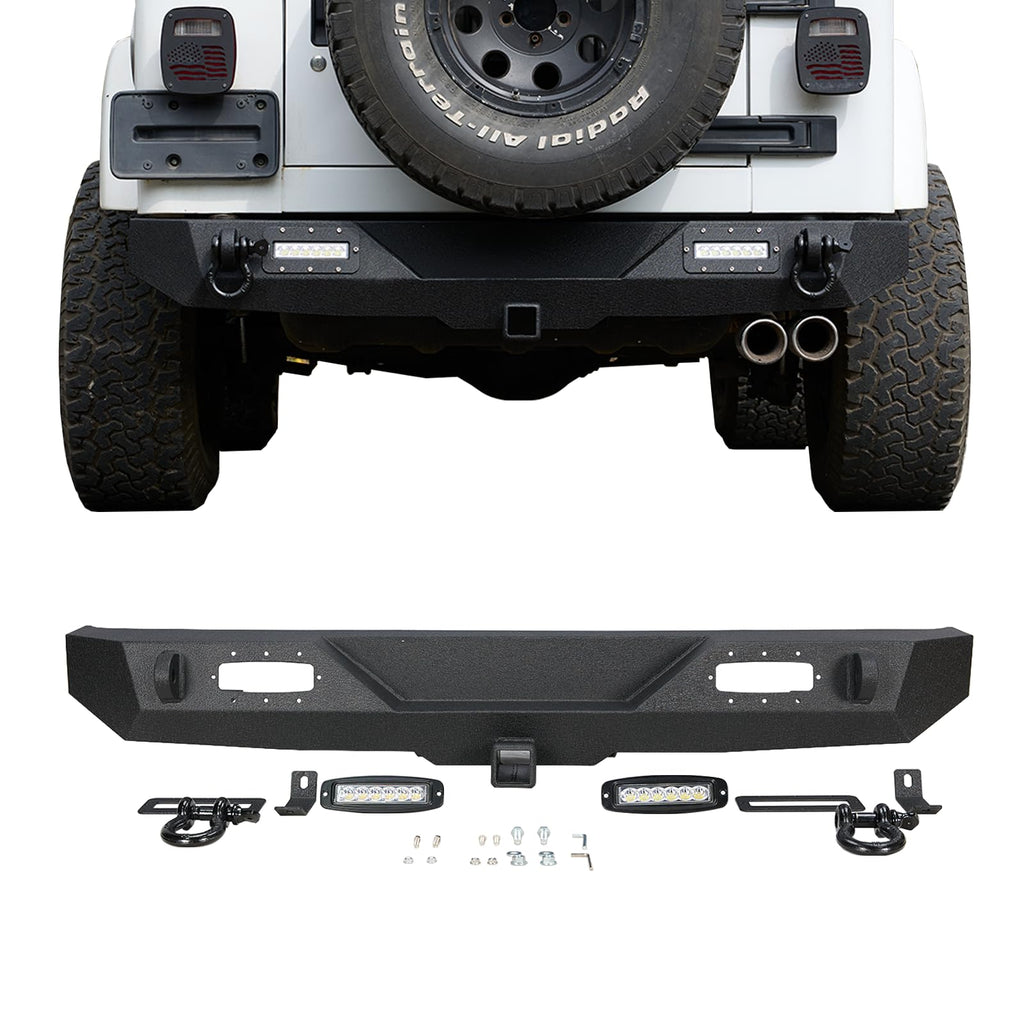 Garvee Rear Bumper Compatible with Wrangler TJ 1997-2006, Full Width Off-Road Rock Crawler Bumper, Heavy Duty Steel, Black, 2/4 Doors, LED Lights & D-Rings