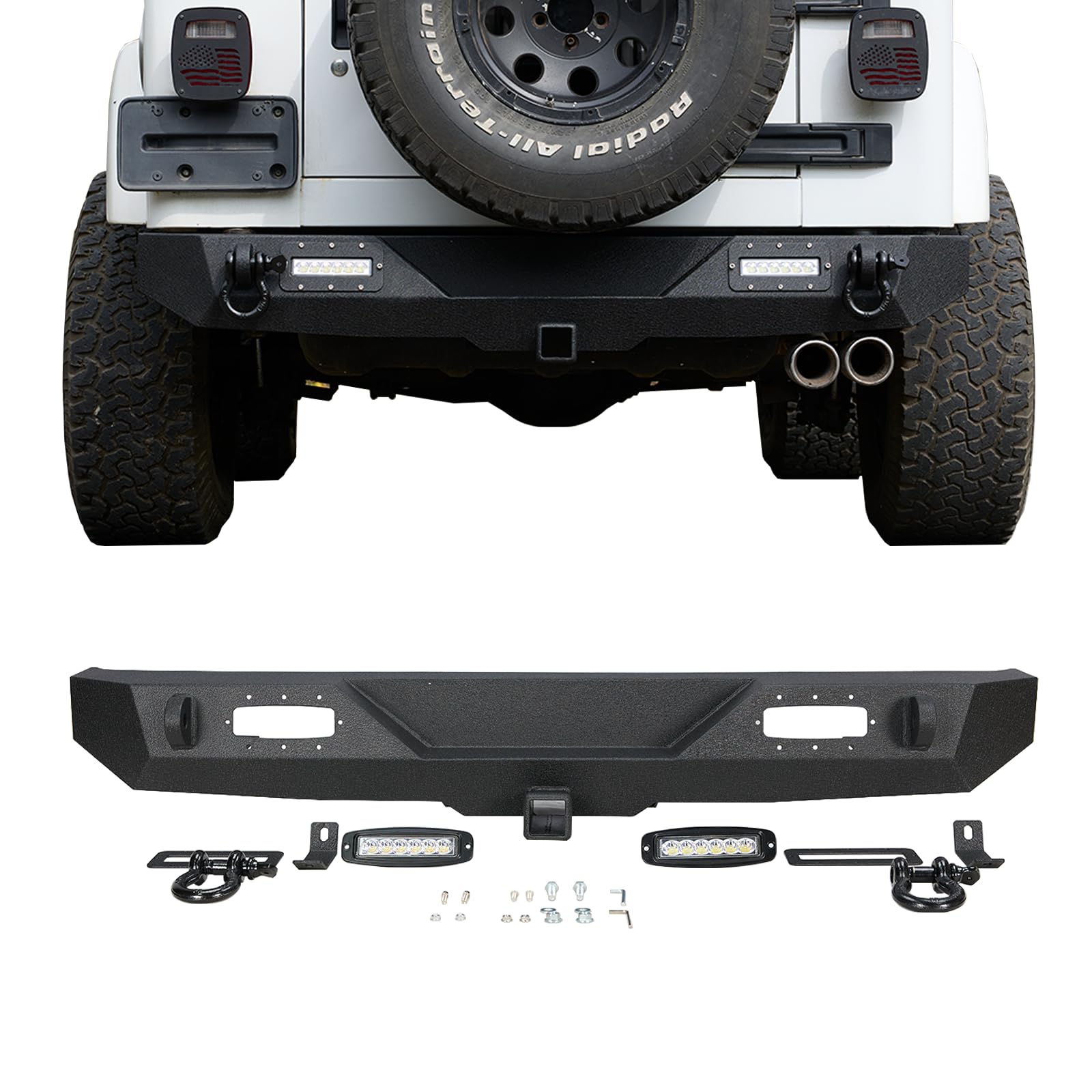 Garvee Rear Bumper Compatible with Wrangler TJ 1997-2006, Full Width Off-Road Rock Crawler Bumper, Heavy Duty Steel, Black, 2/4 Doors, LED Lights & D-Rings