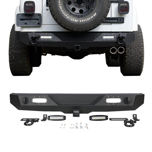Garvee Rear Bumper Compatible with Wrangler TJ 1997-2006, Full Width Off-Road Rock Crawler Bumper, Heavy Duty Steel, Black, 2/4 Doors, LED Lights & D-Rings