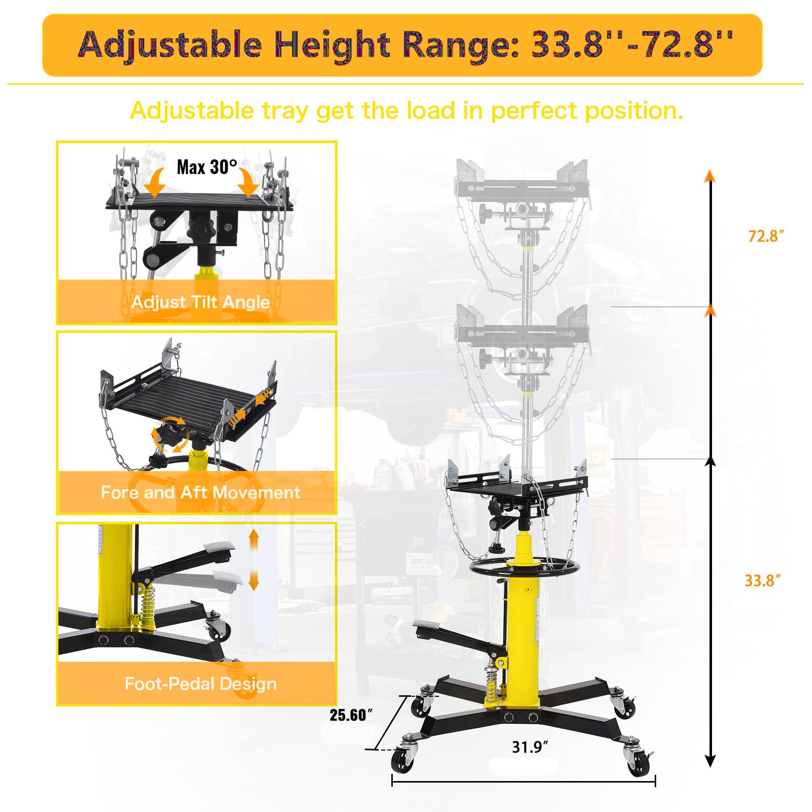 Garvee 1322lbs Transmission Jack Lift, 0.6 Ton Hydraulic Telescopic Floor Jack, Dual-Column 2-Stage Plunger, Adjustable Height, Heavy Duty Garage Shop Tool