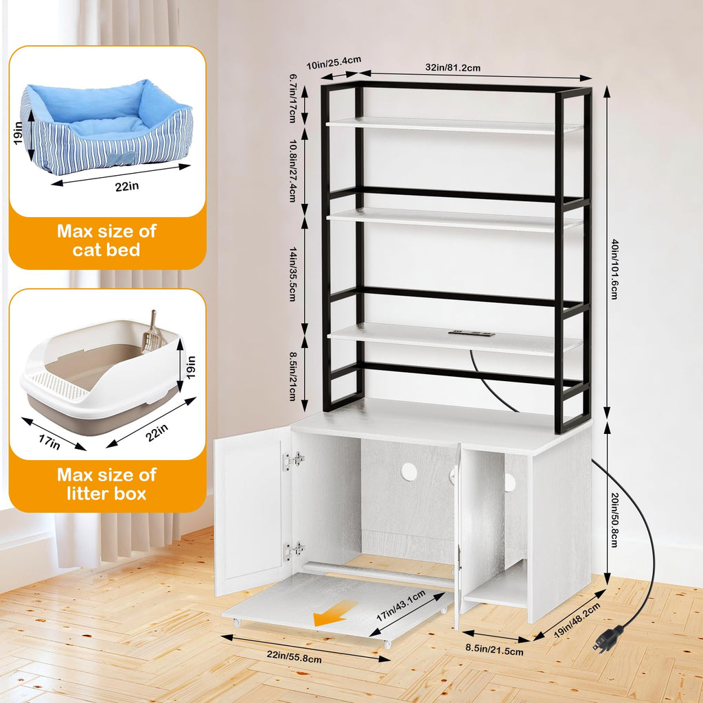 Garvee Cat Litter Box Enclosure, Hidden Cat Litter Box Furniture, Large Double Door Cat House with 3 Shelves and Charging Station, Push-Pull Mobile Chassis