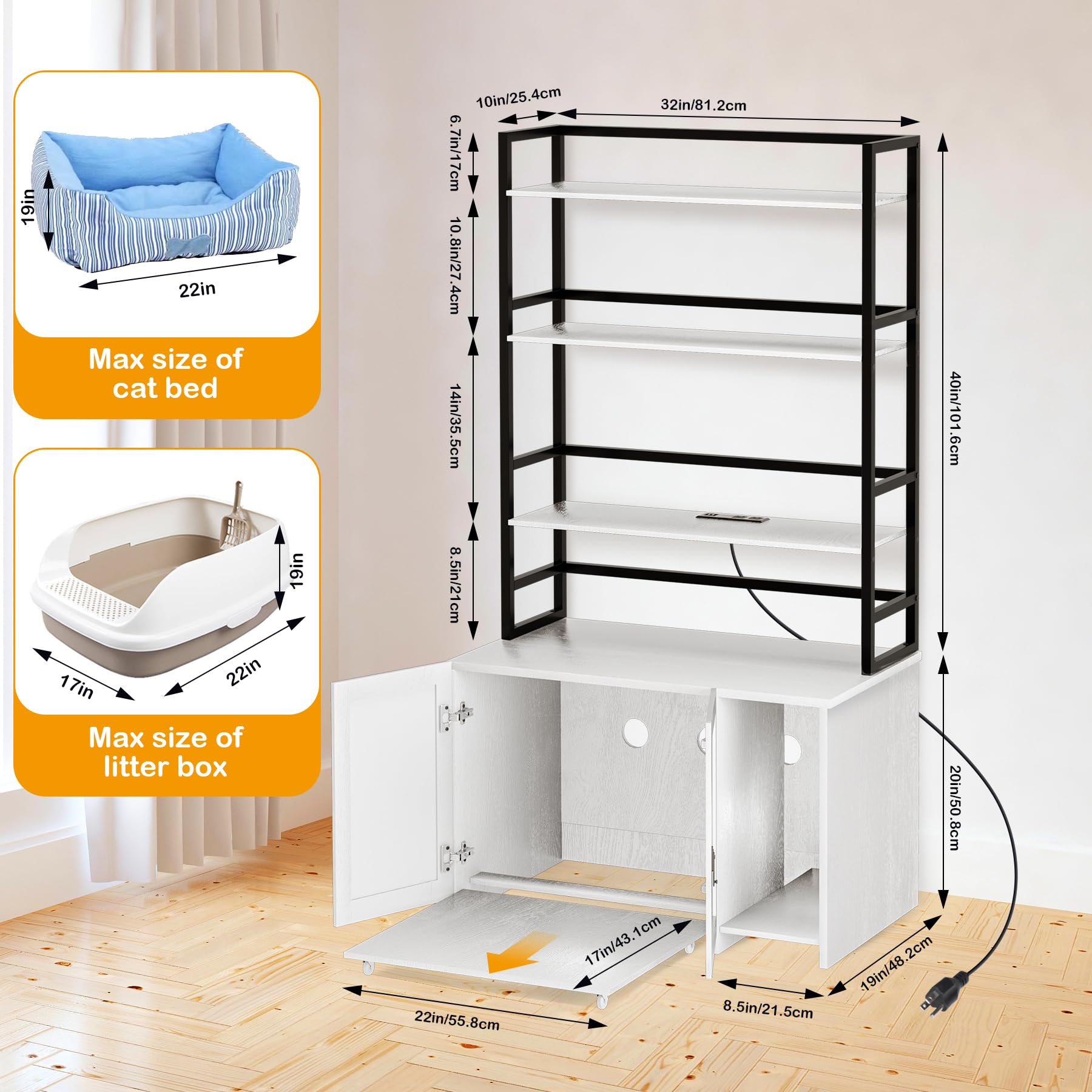 Garvee Cat Litter Box Enclosure, Hidden Cat Litter Box Furniture, Large Double Door Cat House with 3 Shelves and Charging Station, Push-Pull Mobile Chassis