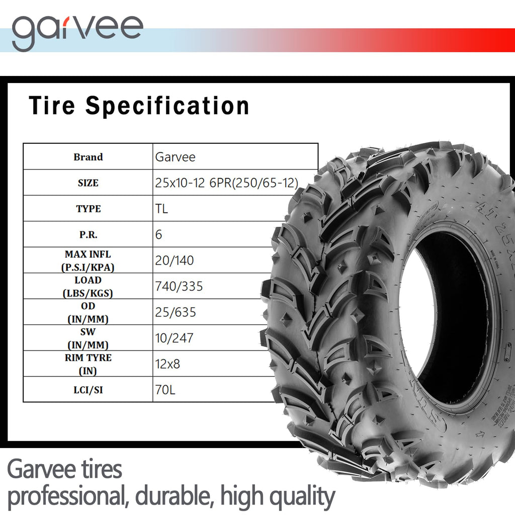Garvee 6PR ATV UTV Tires Set of 4 All Terrain 25x8-12 Front 25x10-12 Rear Black