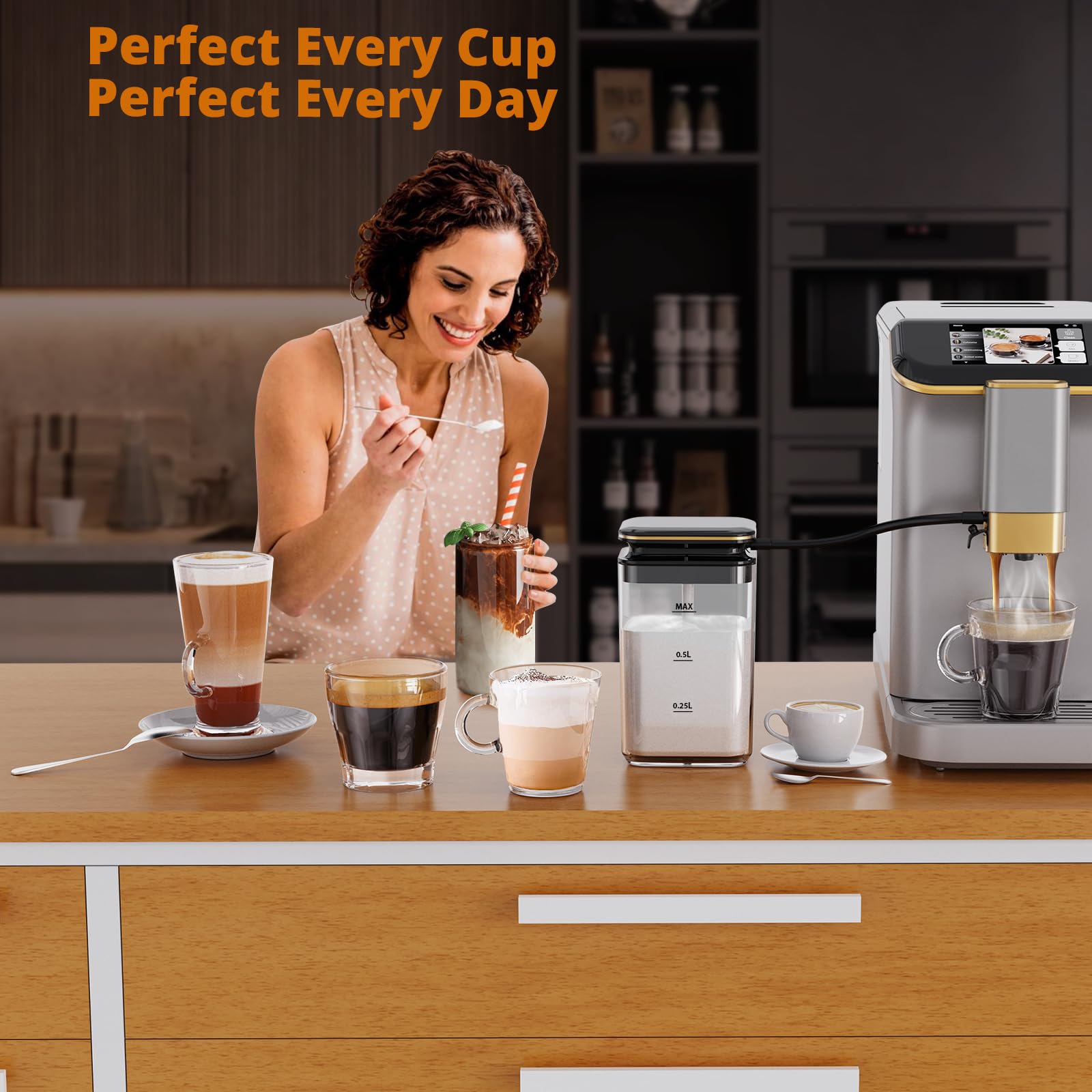 Garvee Automatic Espresso Machine, Coffee Machine with Grinder, Espresso Maker with Automatic Milk Frother, 20 Bar Latte Machine, TFT Touch Screen for Cappuccino, Americano(Silver+Gold)