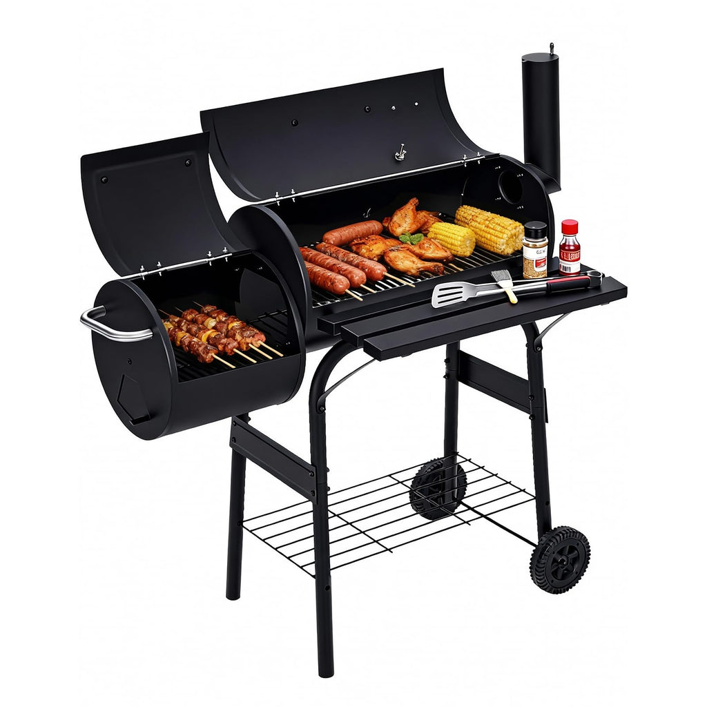 Garvee 43" Charcoal Grill with Offset Smoker - 358 SQ In Dual-Chamber BBQ Smoker Grill with Built-In Thermometer & Wheels, Matte Black