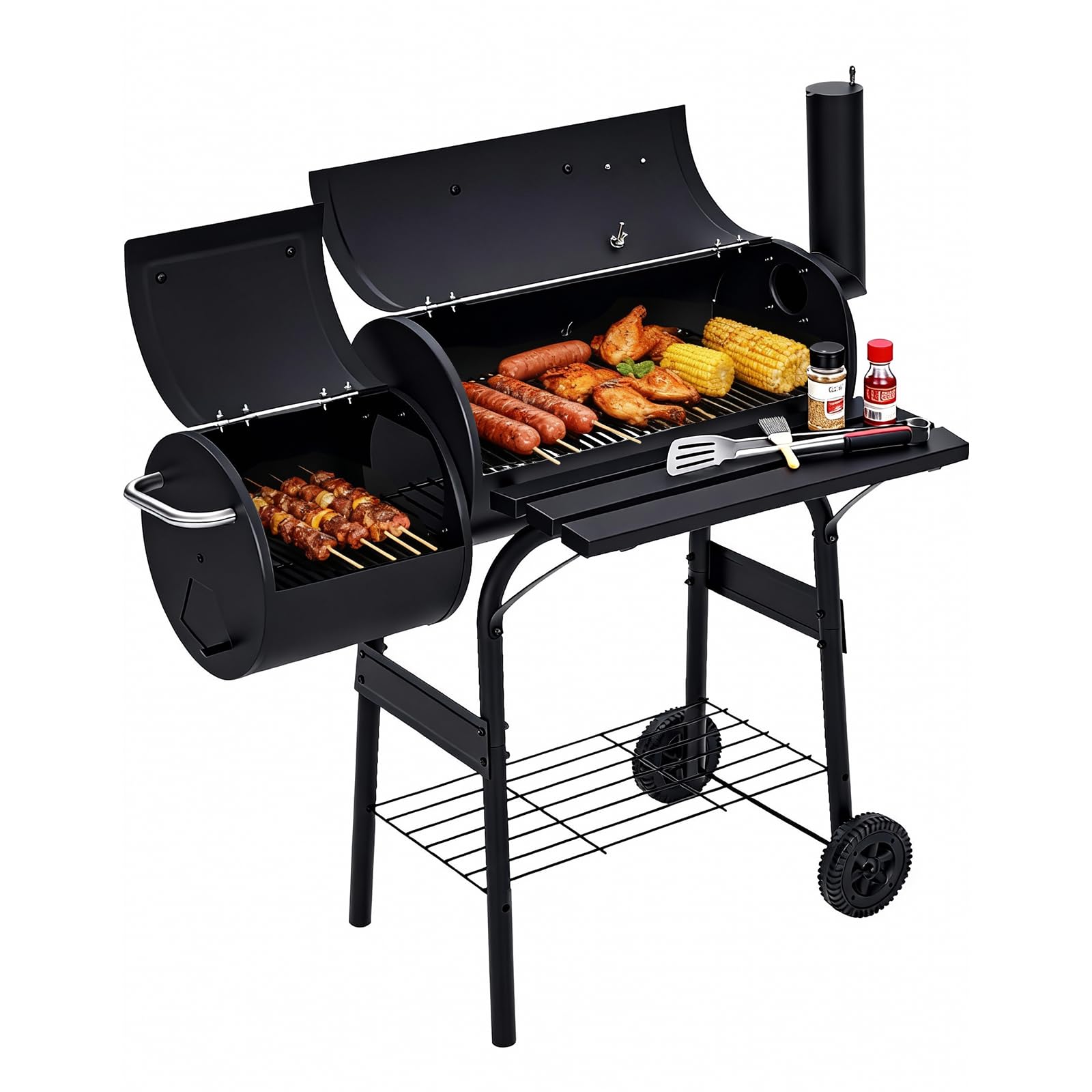 Garvee 43" Charcoal Grill with Offset Smoker - 358 SQ In Dual-Chamber BBQ Smoker Grill with Built-In Thermometer & Wheels, Matte Black
