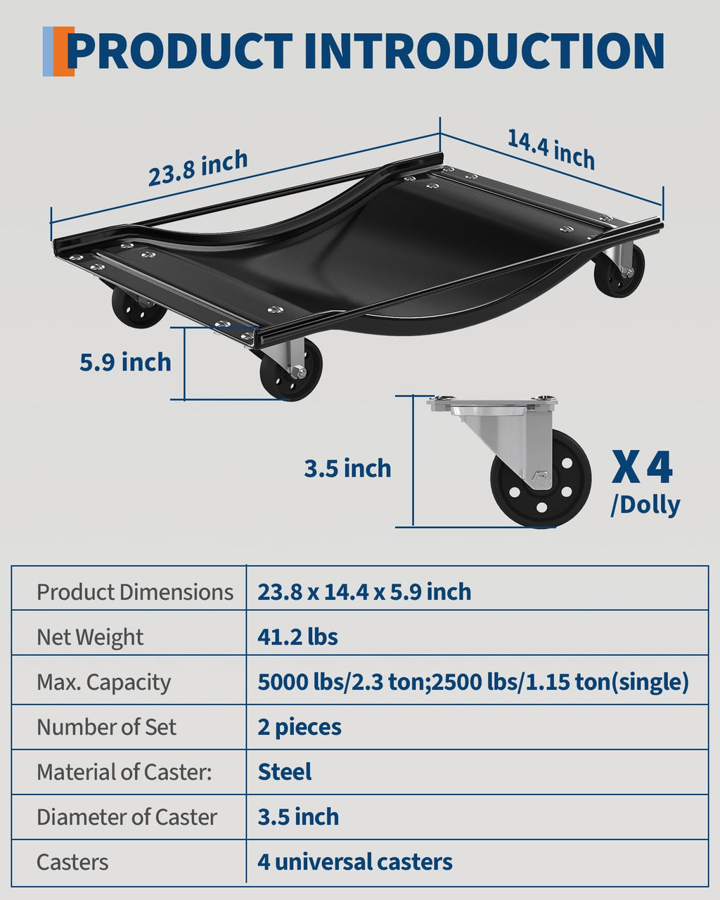 Garvee Car Dolly Set of 2, Heavy Duty Wheel Dollies 5000 lbs Capacity, 23.8"x14.4", for Moving Cars & Trucks, Black