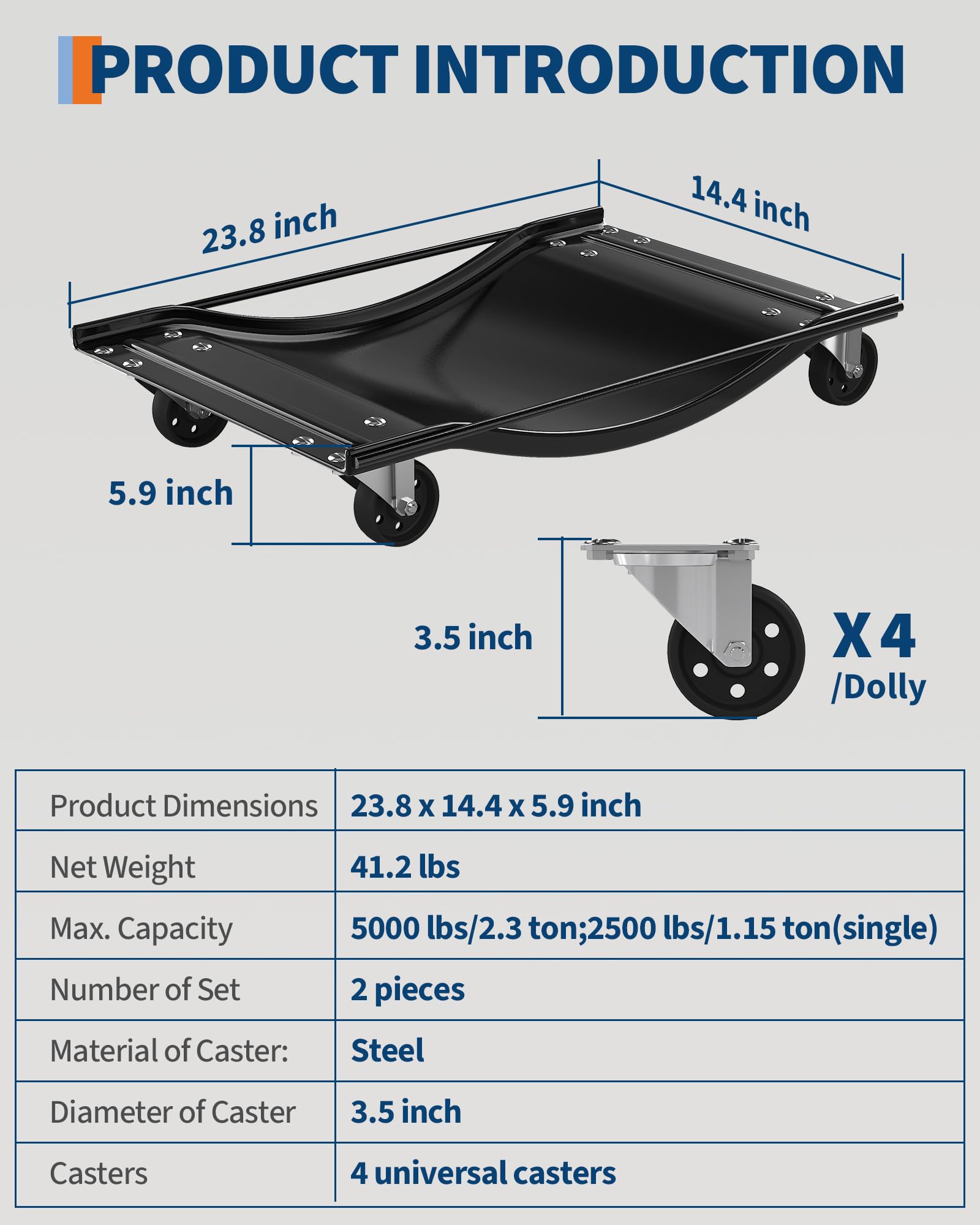 Garvee Car Dolly Set of 2, Heavy Duty Wheel Dollies 5000 lbs Capacity, 23.8"x14.4", for Moving Cars & Trucks, Black